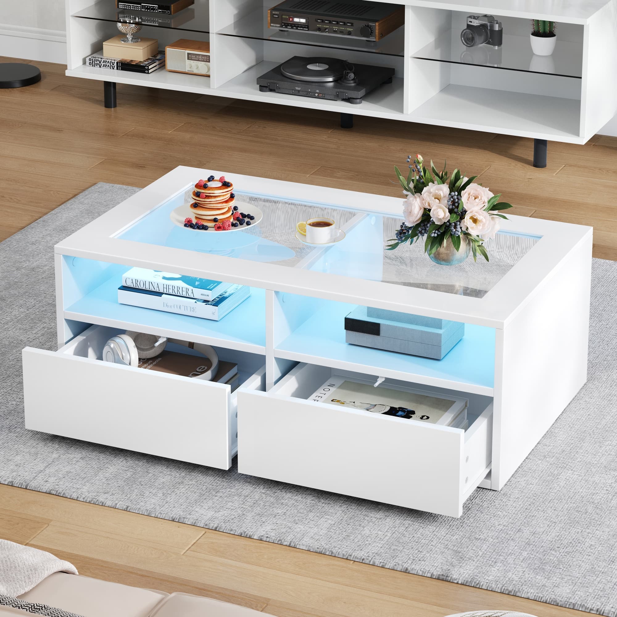 White Coffee Table with App-Controlled LED Lights and Storage - image 5