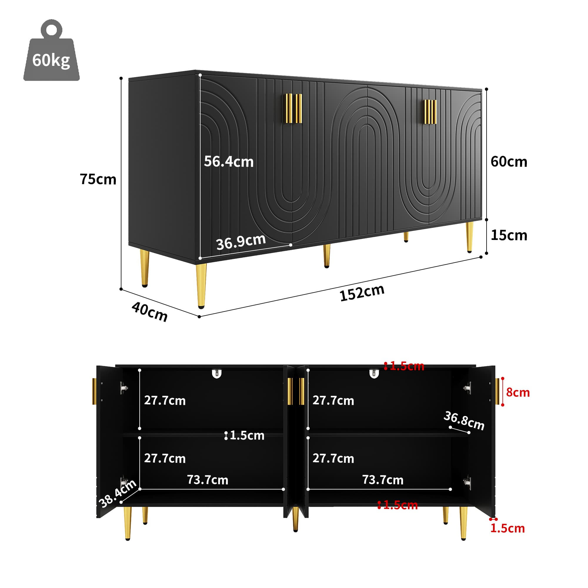 Black Sideboard with Gold Handles and Legs - image 2