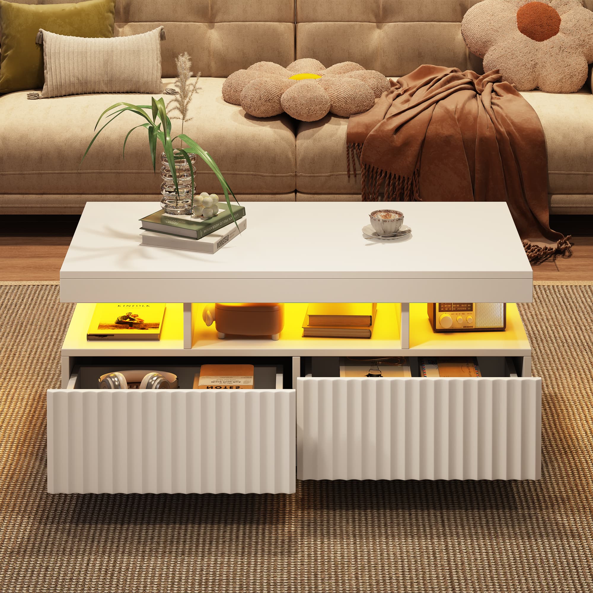White Coffee Table with Ambient LED Lighting and Storage - image 1