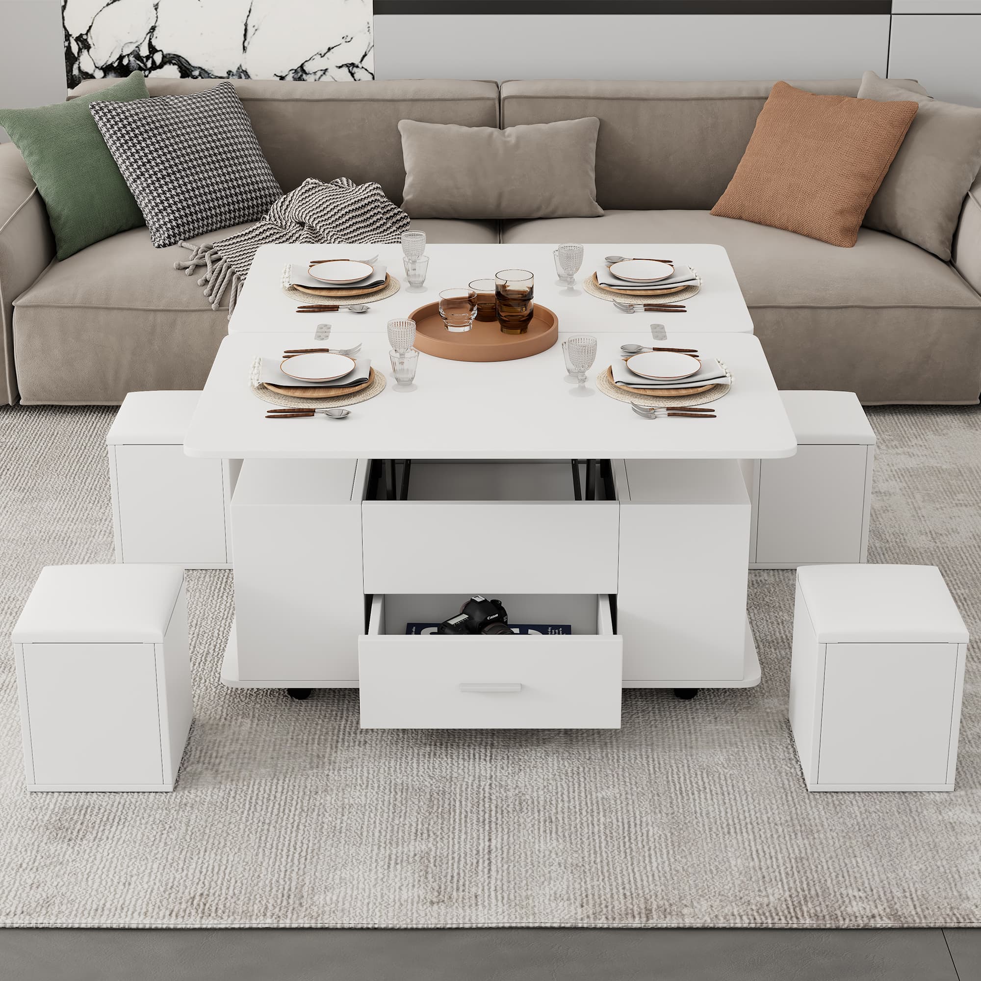 White Transforming Coffee Table with Wheels, Storage & 4 Stools - image 5
