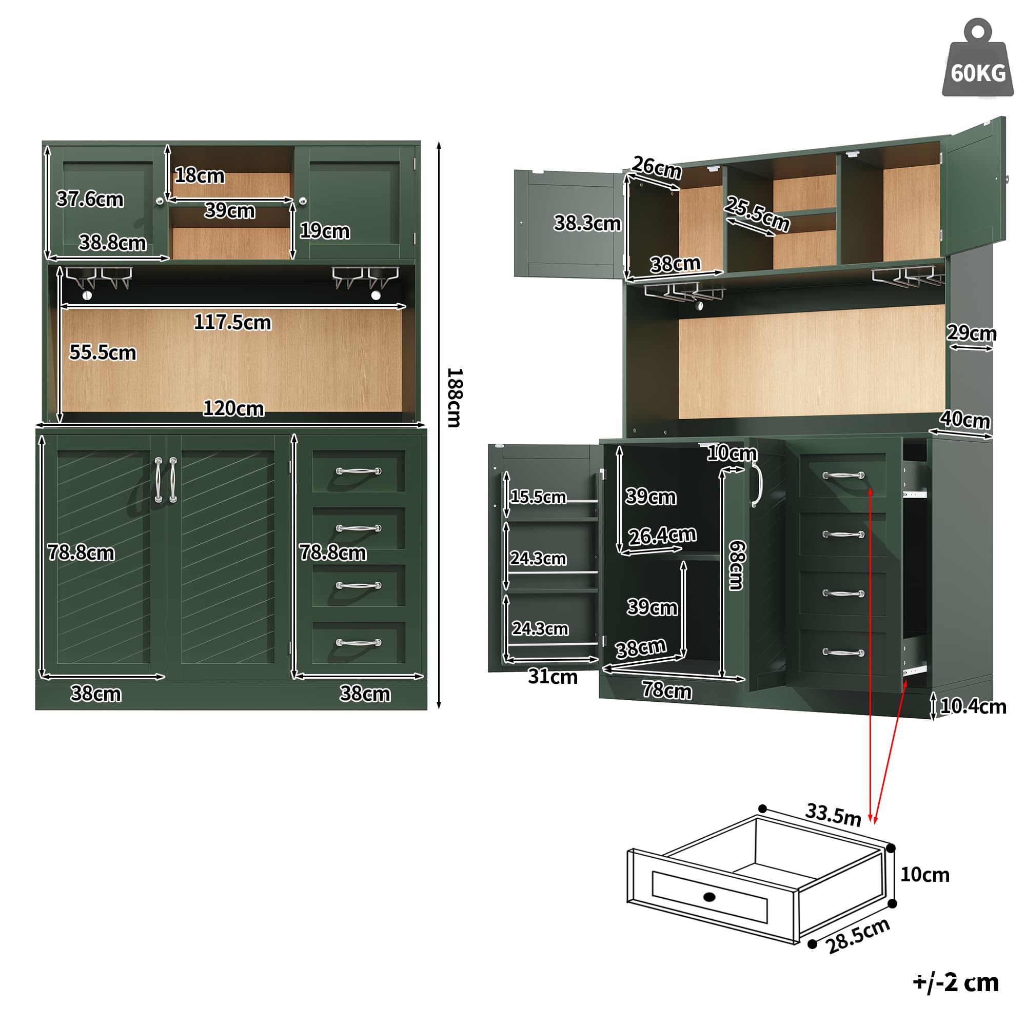 Tall Sideboard Cabinet with LED Lighting, Green and White - image 5