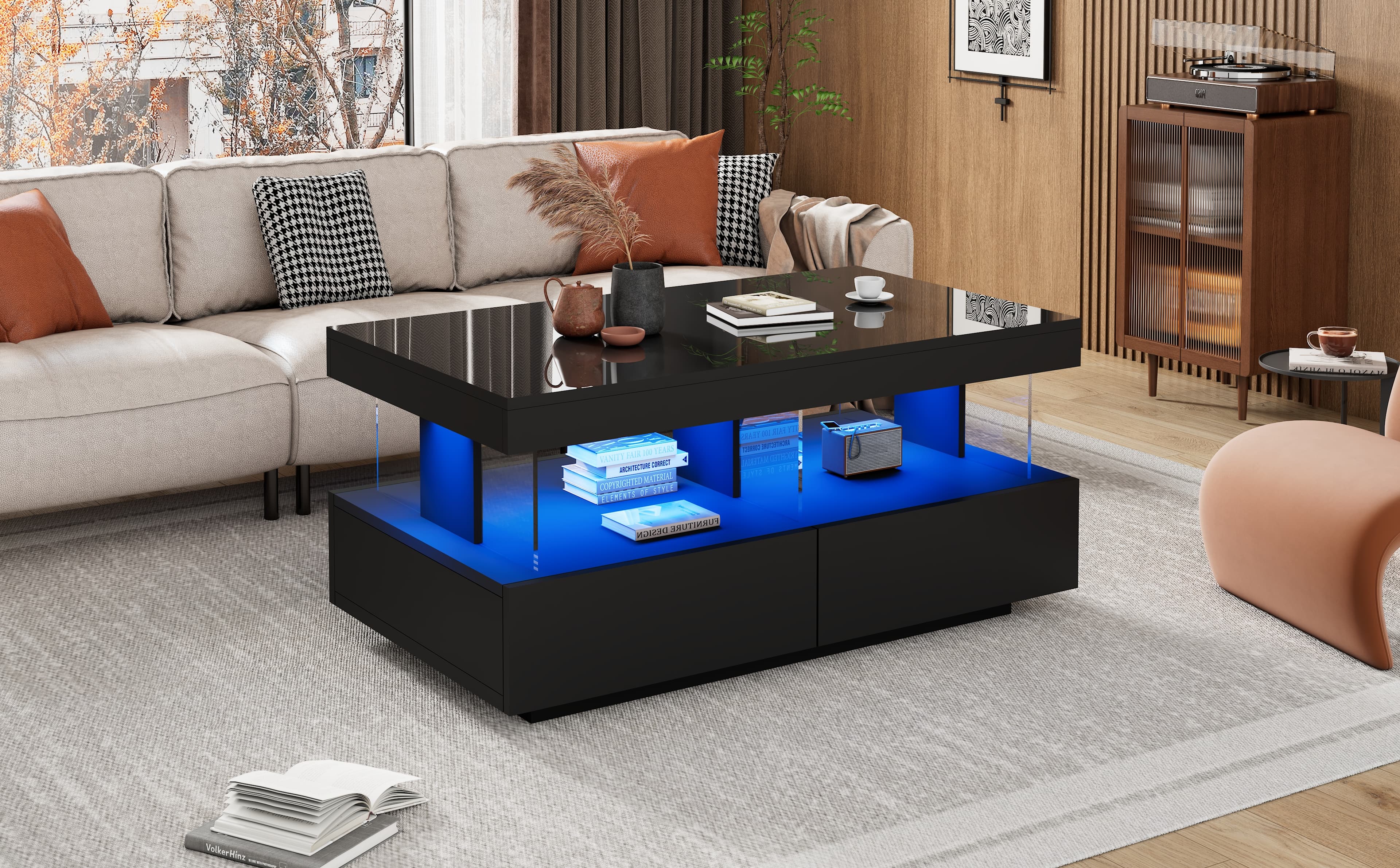Modern High Gloss Black Coffee Table with LED Lighting and Storage - image 4
