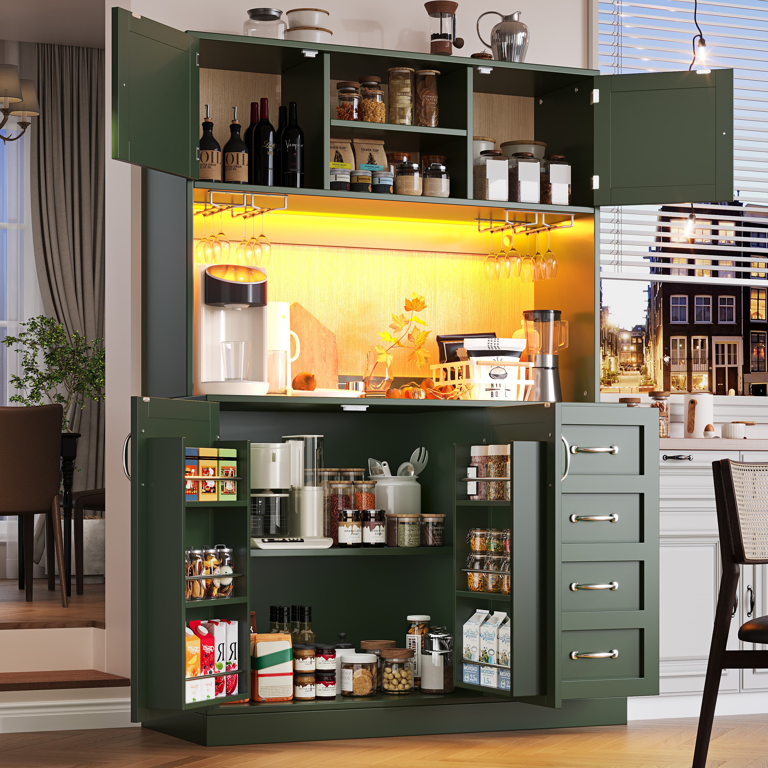 Tall Sideboard Cabinet with LED Lighting, Green and White - image 2