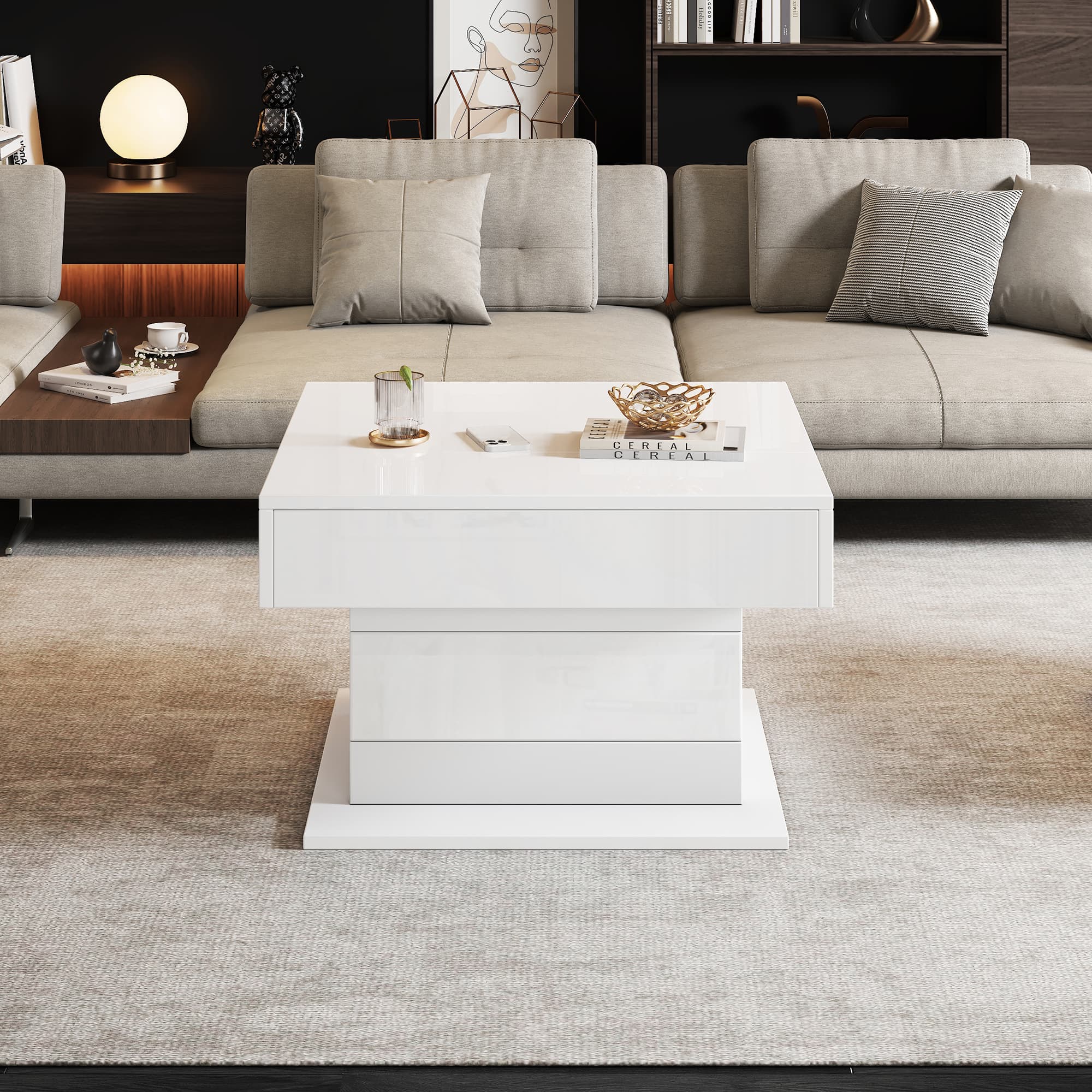 Modern 360° Rotating & Lift-Top Coffee Table, White Gloss - image 4