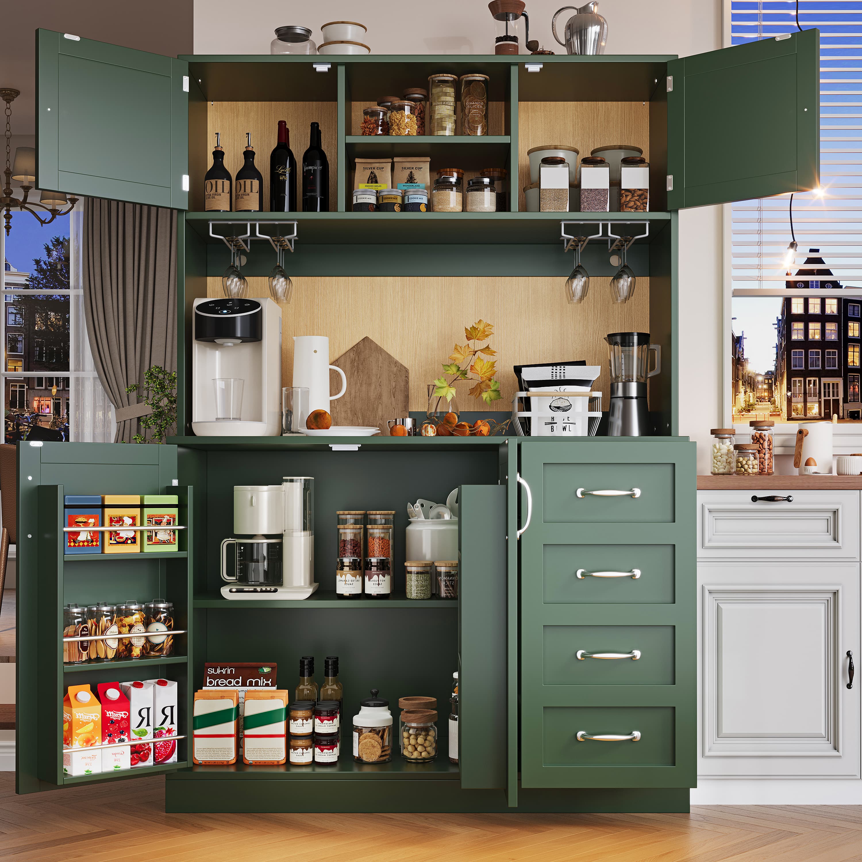 Tall Sideboard Cabinet with LED Lighting, Green and White - image 3