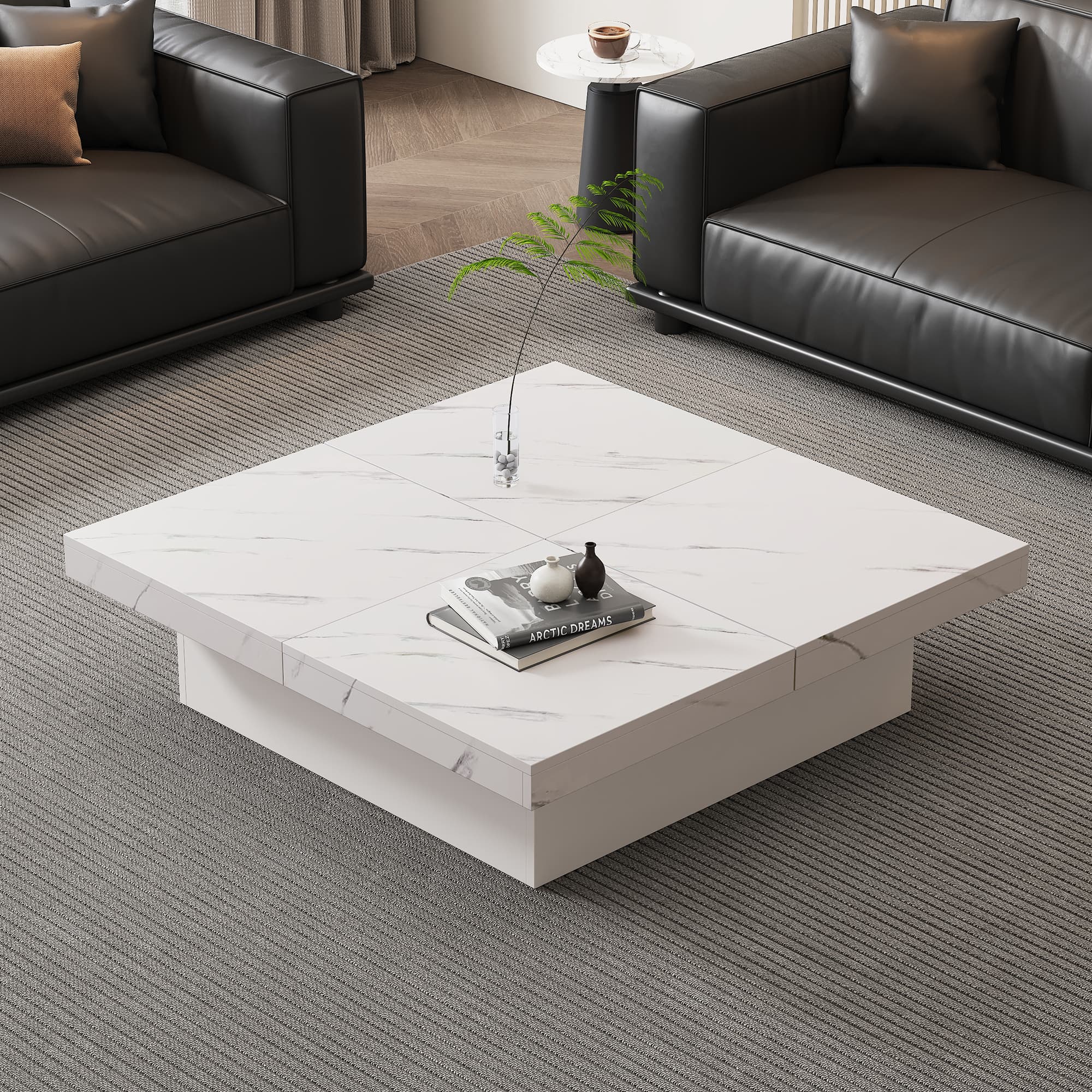 Modern White Marble-Effect Coffee Table with Sliding Top Storage - image 5