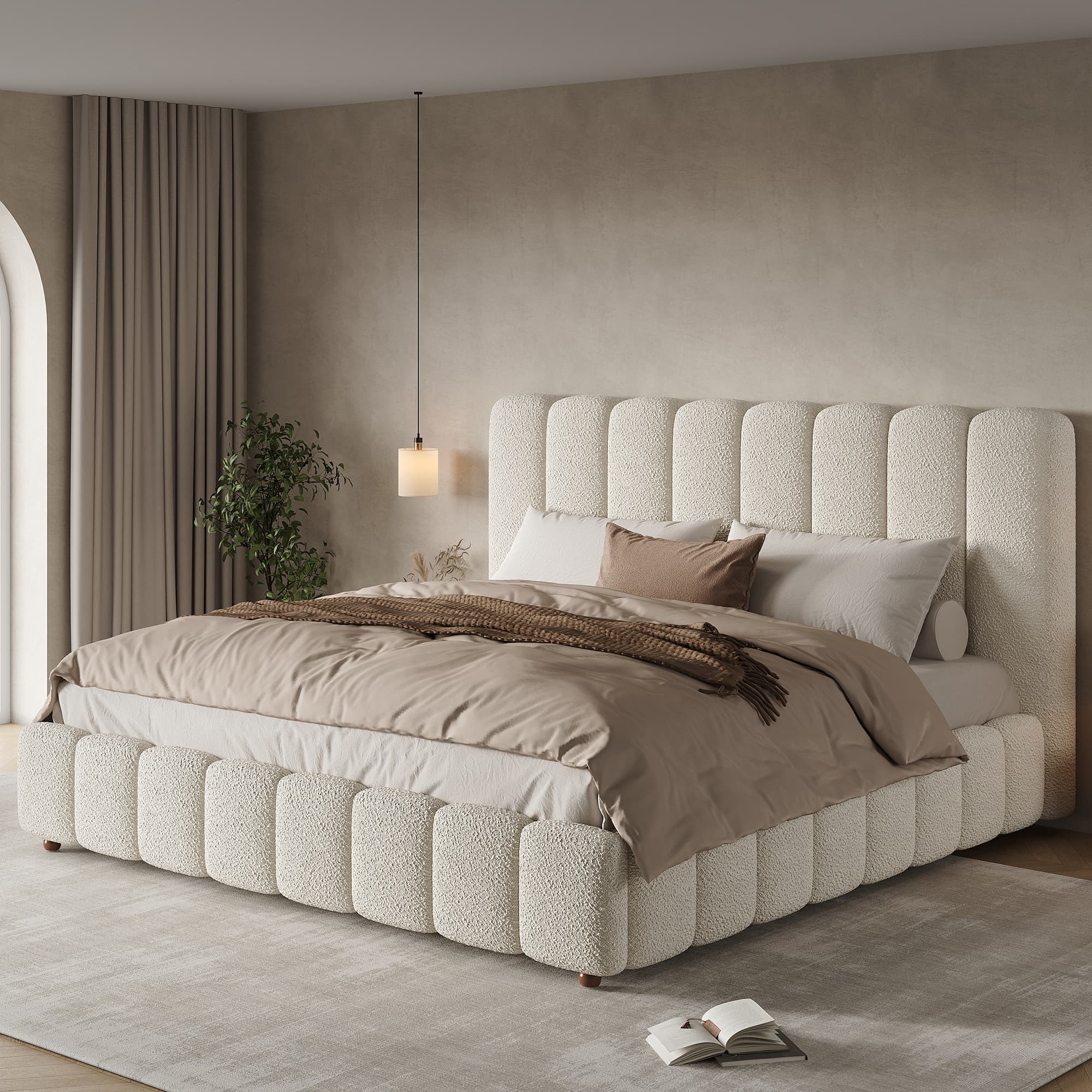 Upholstered Boucle Ottoman Bed, White (King Size - 5ft) - image 2