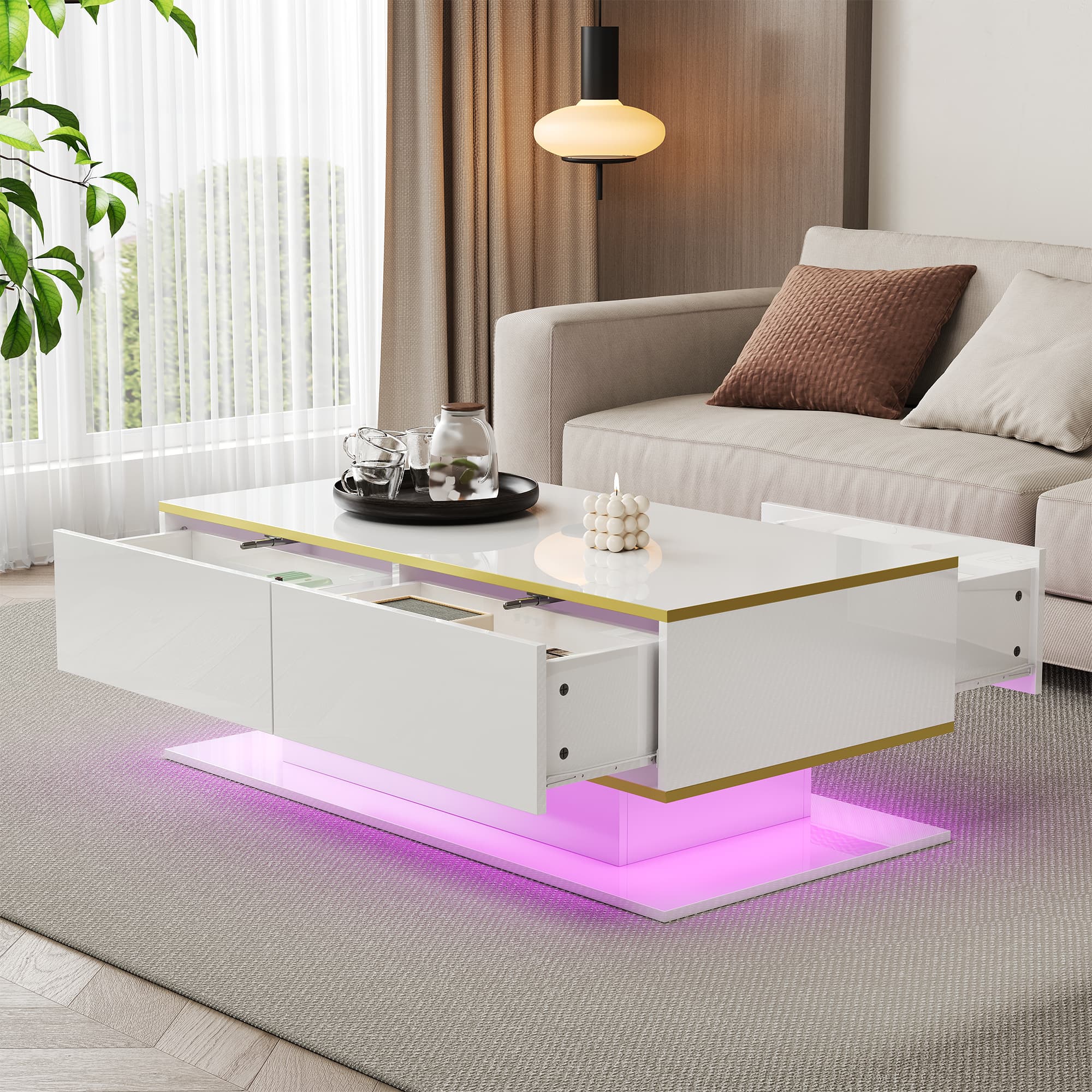 High Gloss LED Coffee Table with Gold Accents & Storage - image 4