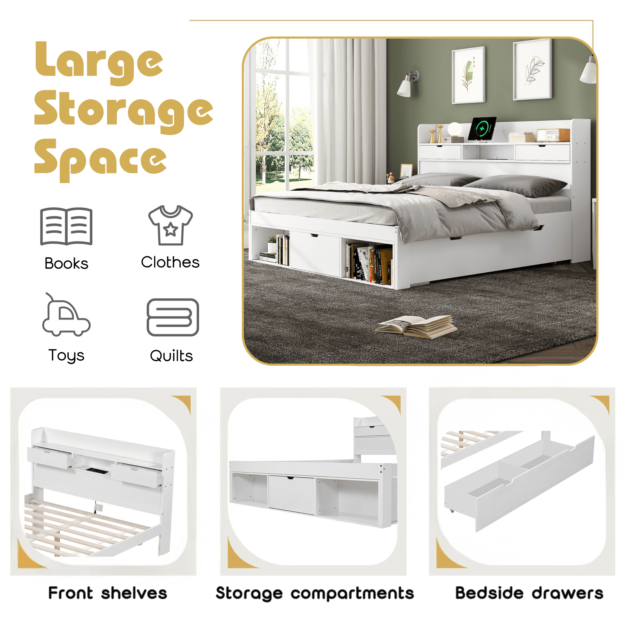 Functional Double Bed with Drawers, Shelves and USB Charging - image 5