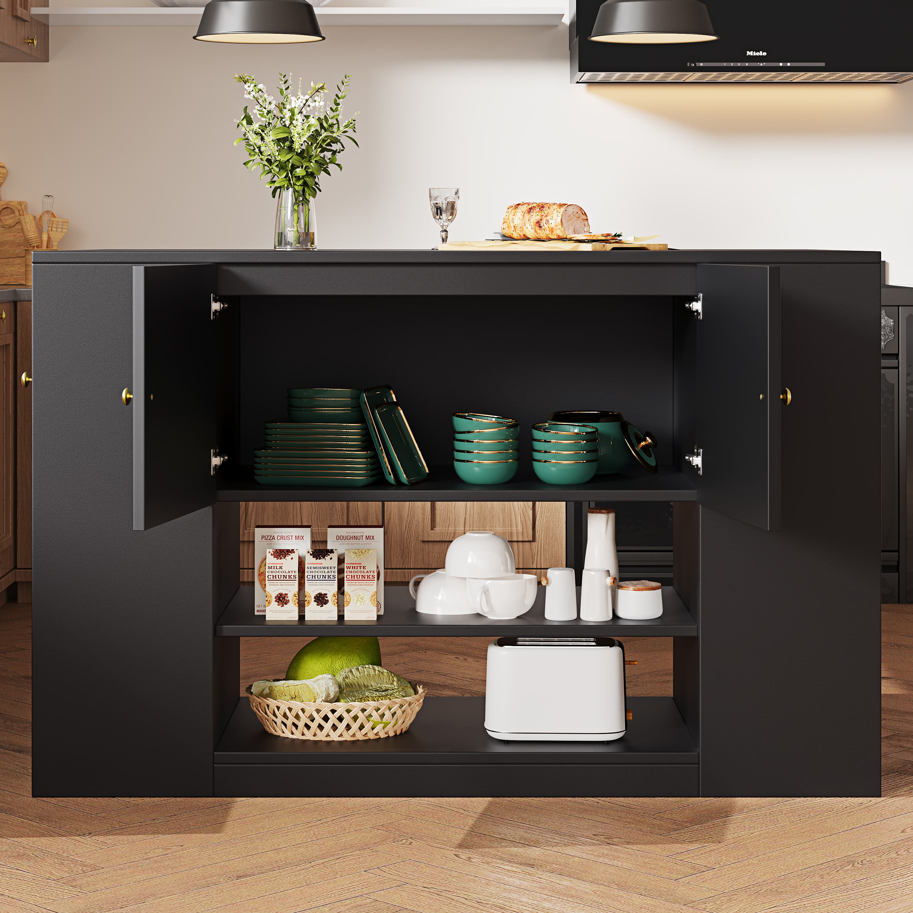 Multifunctional Black Kitchen Island with Extendable Dining Table - image 5