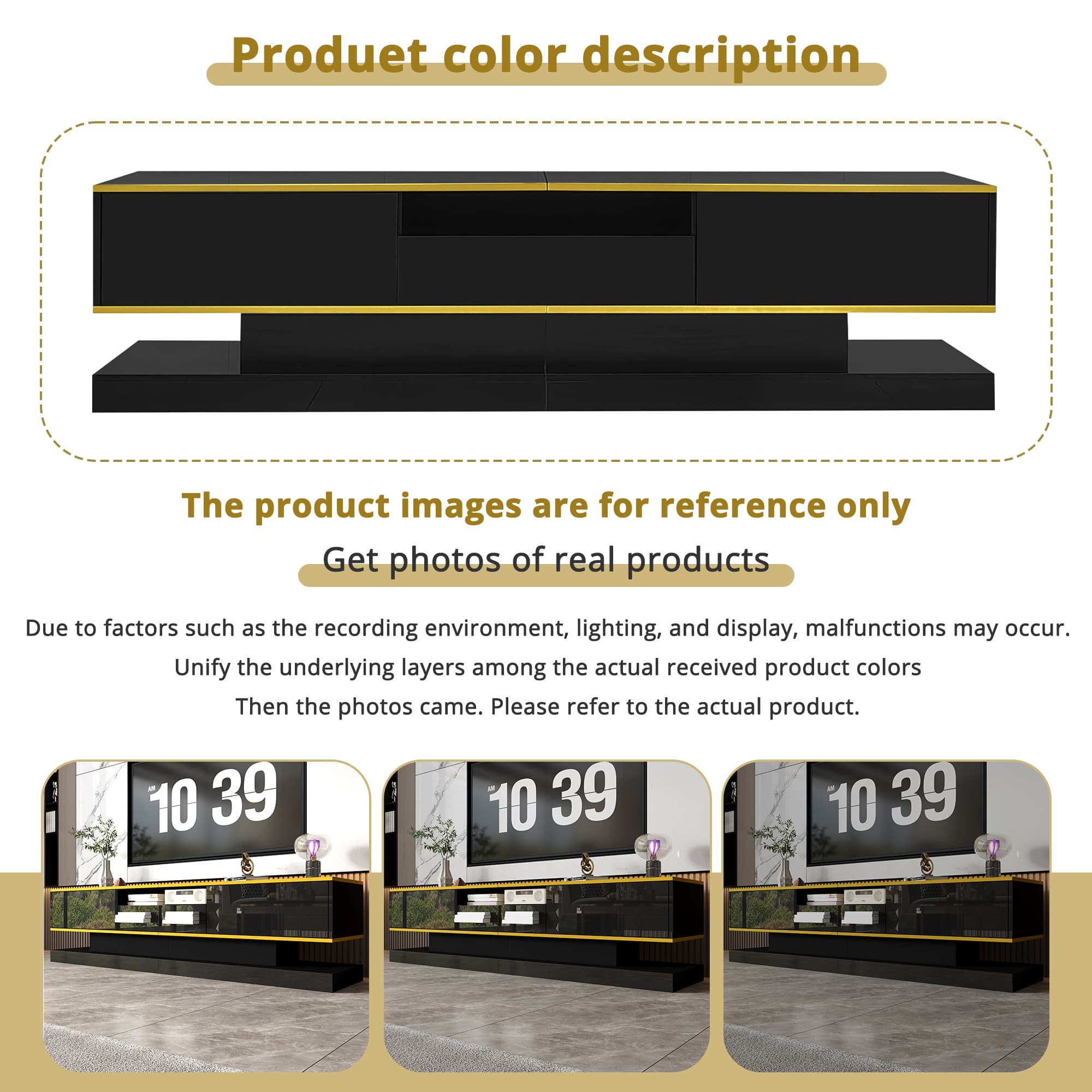 Black High Gloss TV Unit with Colour-Changing LEDs & 3 Drawers - image 4