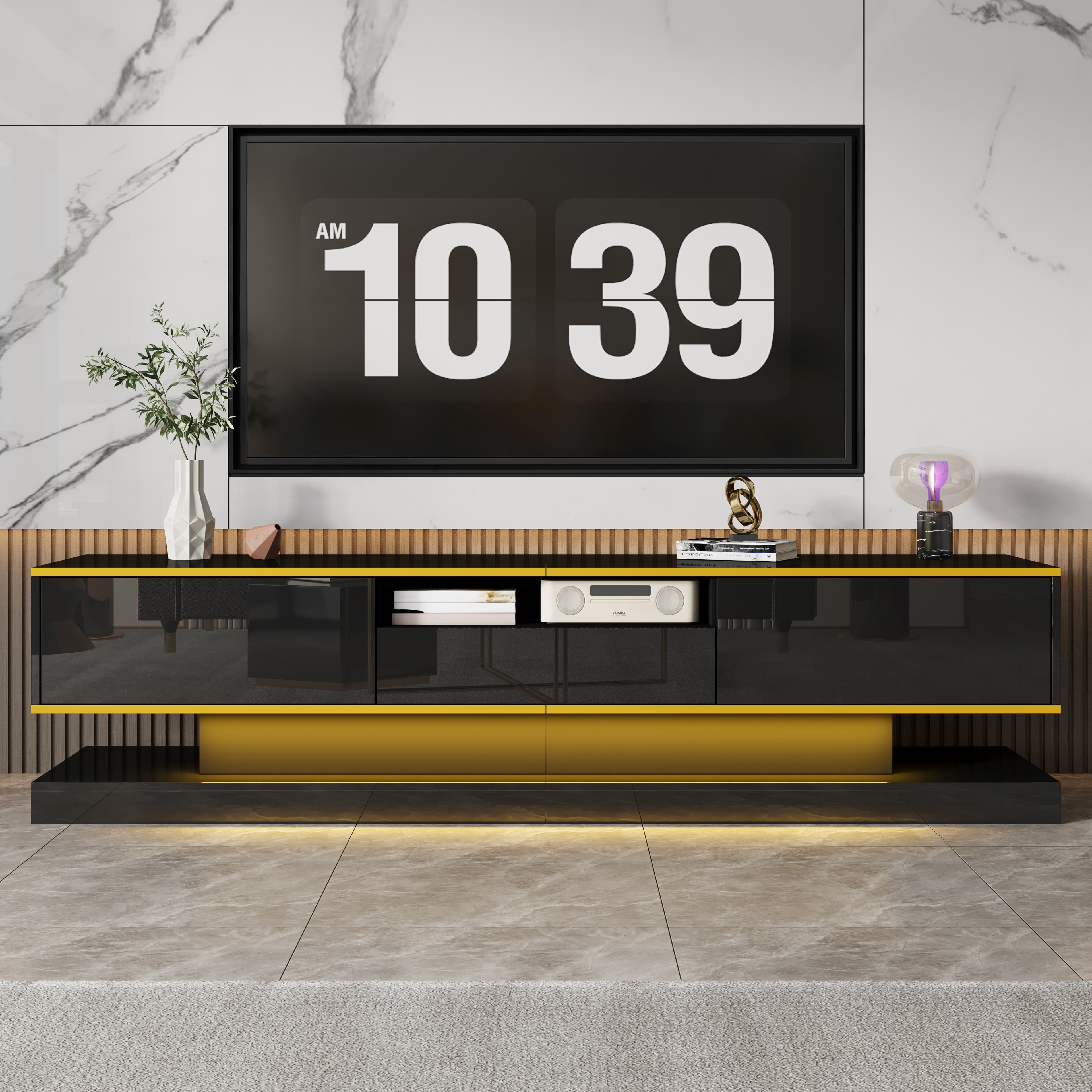 Black High Gloss TV Unit with Colour-Changing LEDs & 3 Drawers