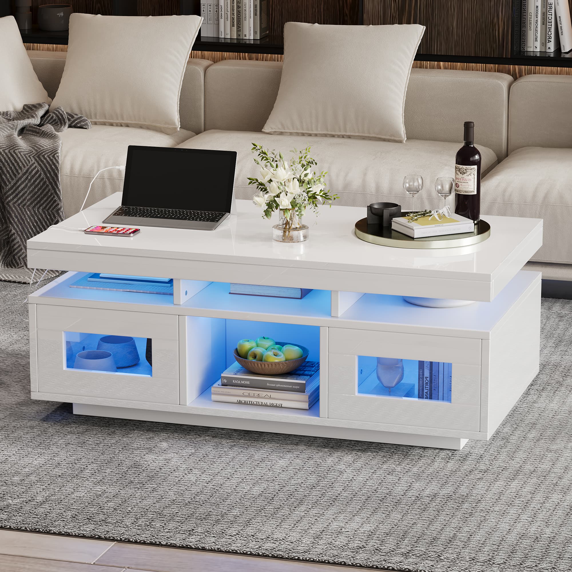 Modern High Gloss Coffee Table with App-Controlled LED Lighting & Sockets - image 5