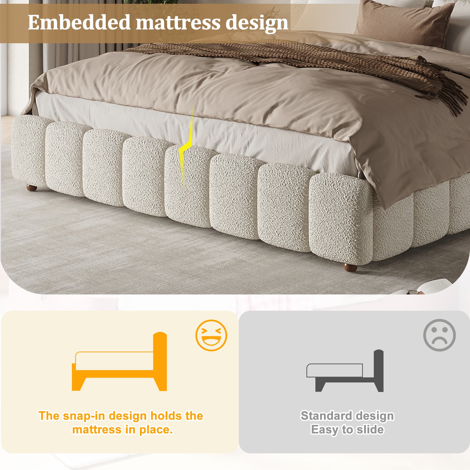 Upholstered Boucle Ottoman Bed, White (King Size - 5ft) - image 4