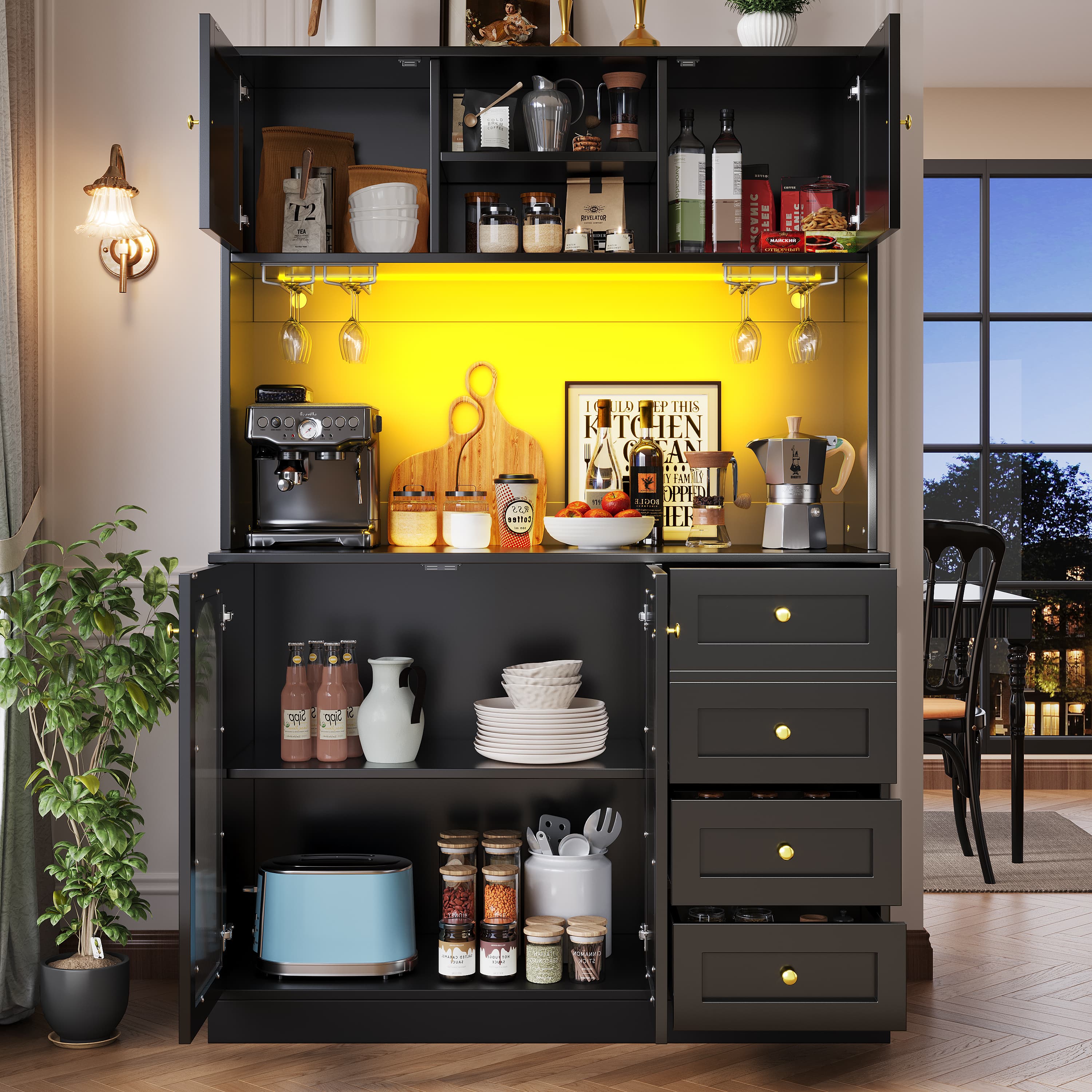 Black Display Cabinet with LED Lighting, Glass Doors & Drink Holders