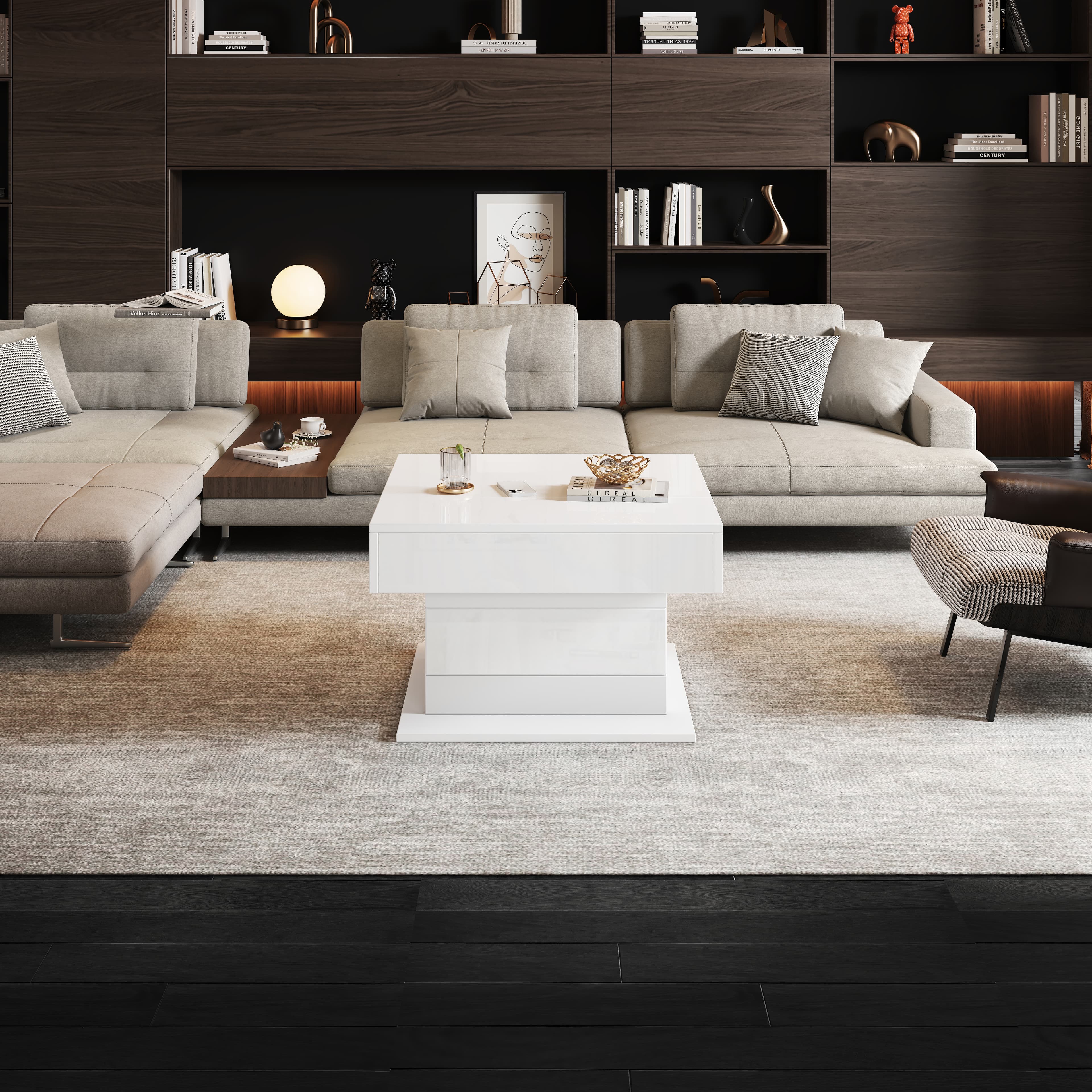 Modern 360° Rotating & Lift-Top Coffee Table, White Gloss - image 3