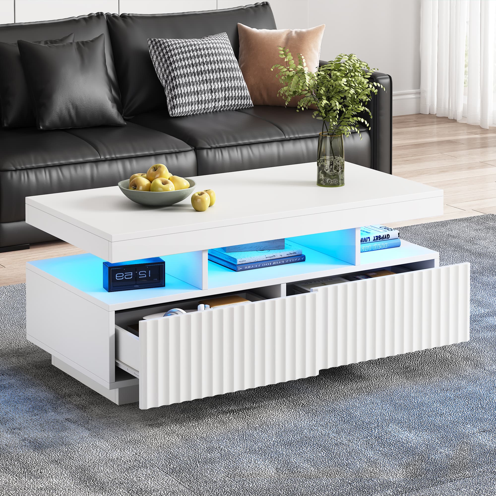 White Coffee Table with Ambient LED Lighting and Storage - image 4