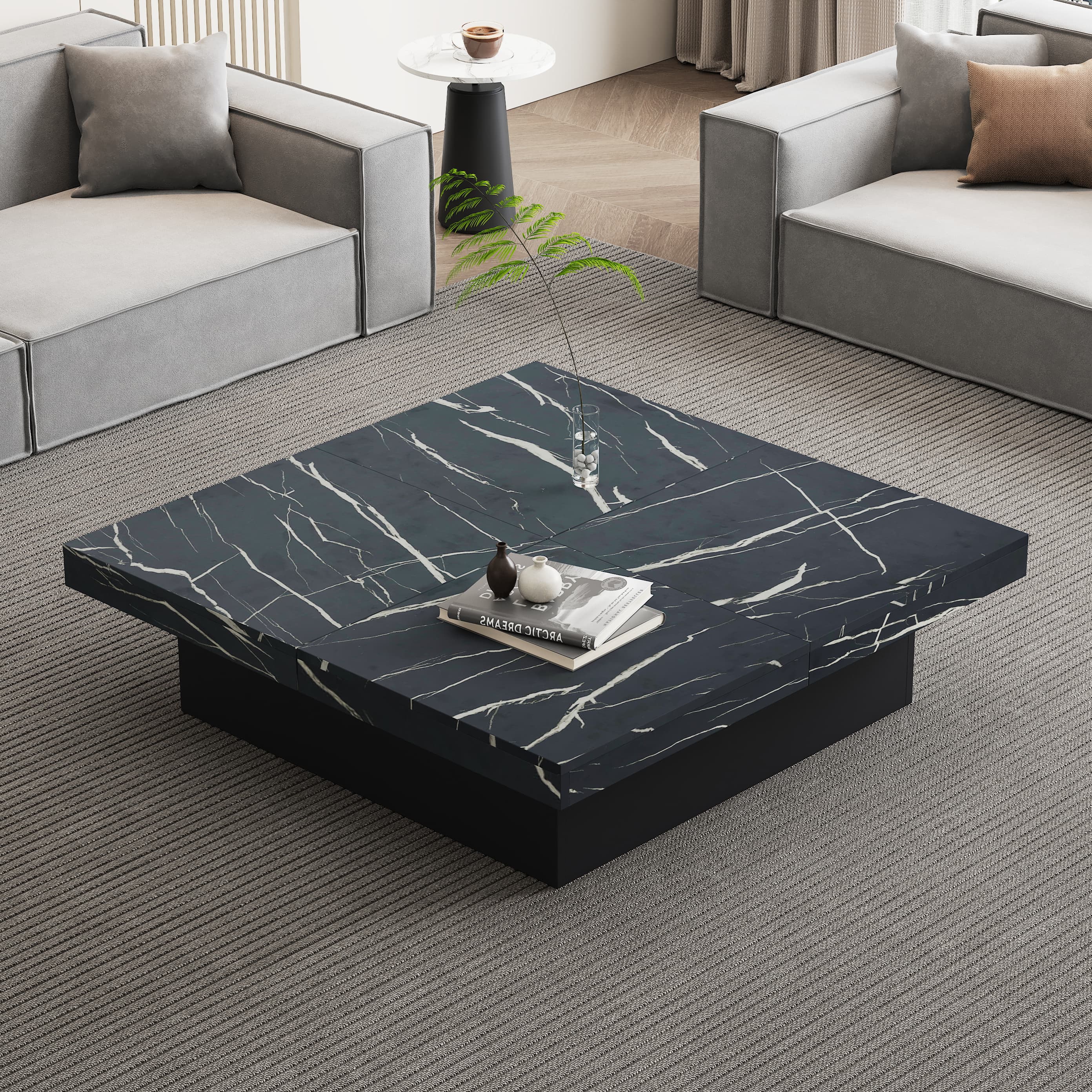 Modern Square Coffee Table with Faux Marble Top and Hidden Storage - image 2