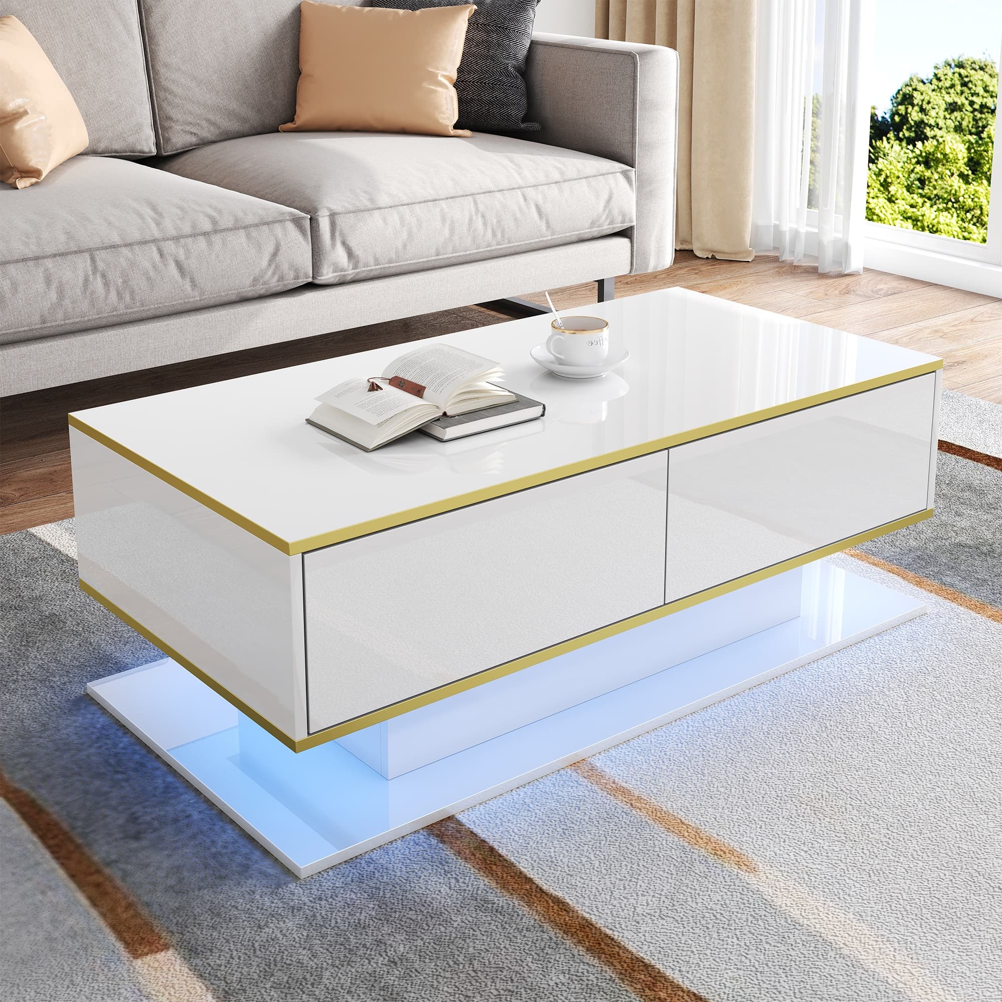 High Gloss LED Coffee Table with Gold Accents & Storage - image 2