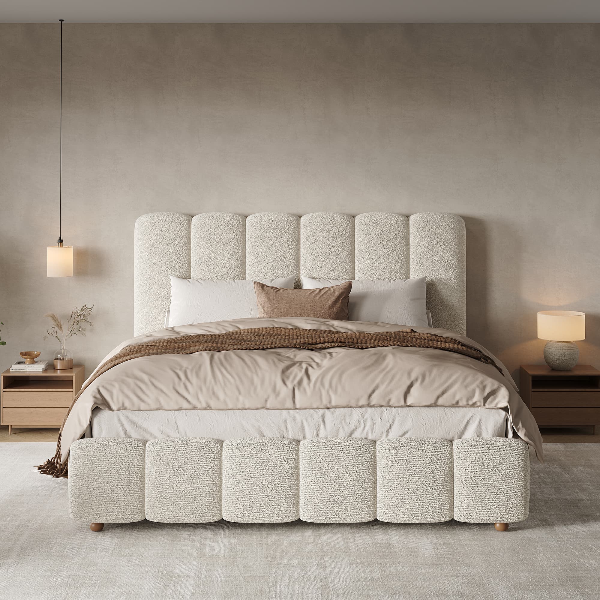 Upholstered Double Ottoman Bed with Headboard in White Bouclé - image 5