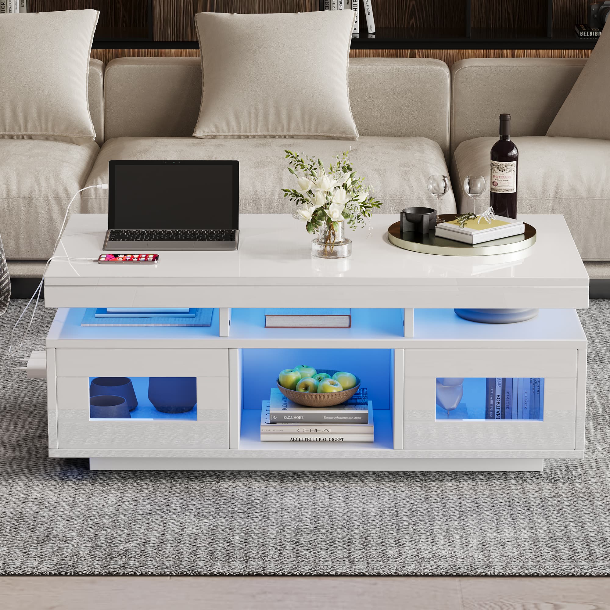 Modern High Gloss Coffee Table with App-Controlled LED Lighting & Sockets - image 3