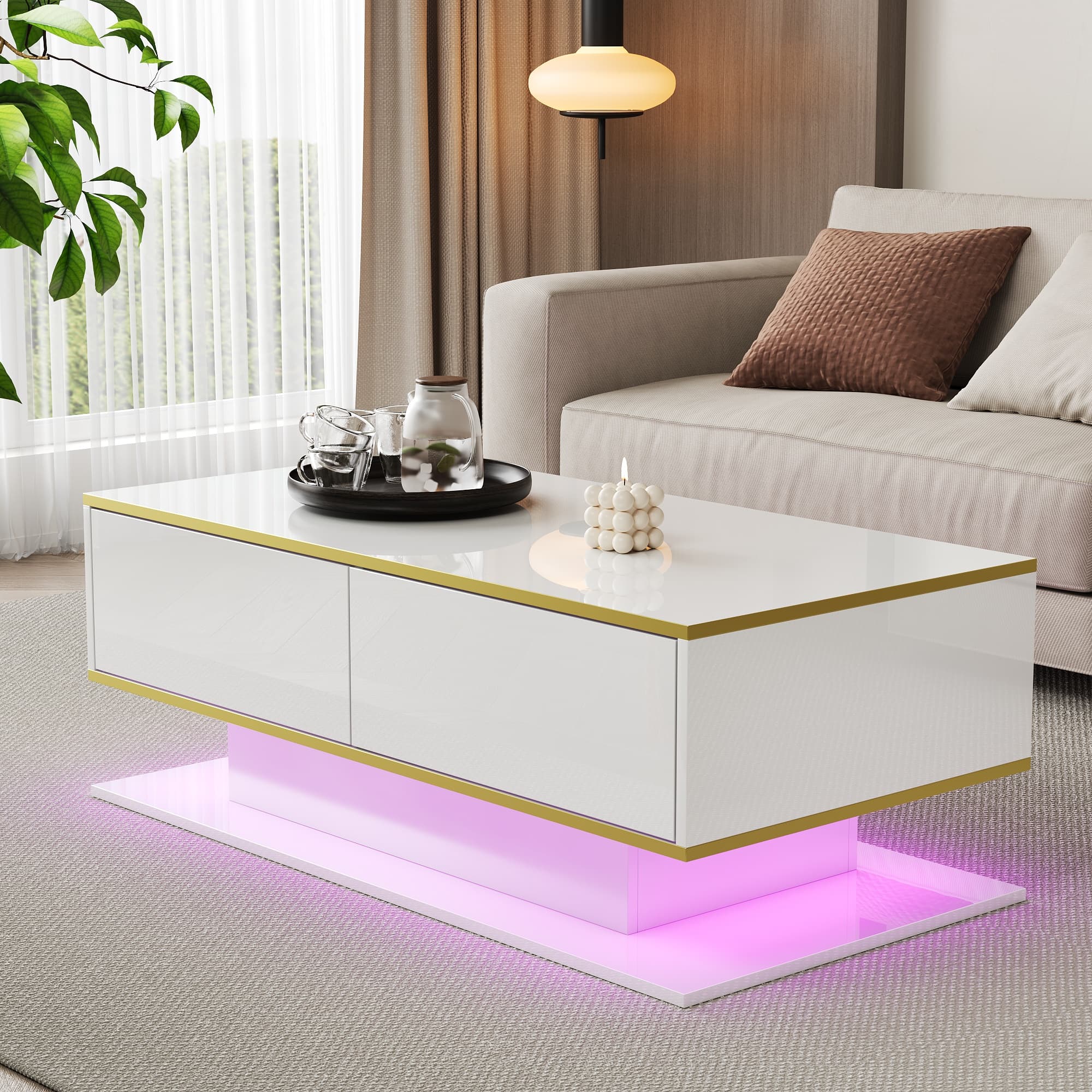 High Gloss LED Coffee Table with Gold Accents & Storage - image 1