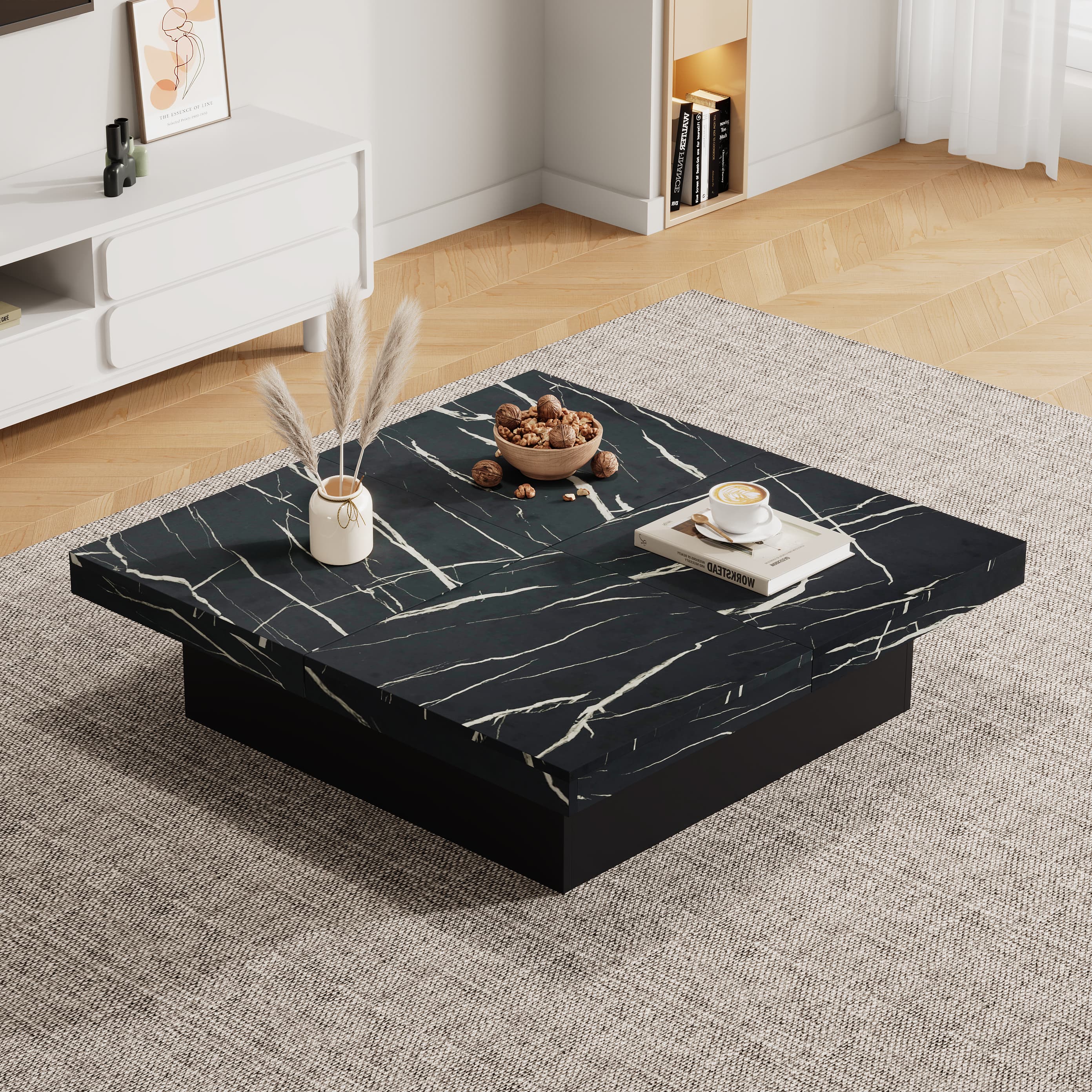 Modern Square Coffee Table with Faux Marble Top and Hidden Storage - image 1