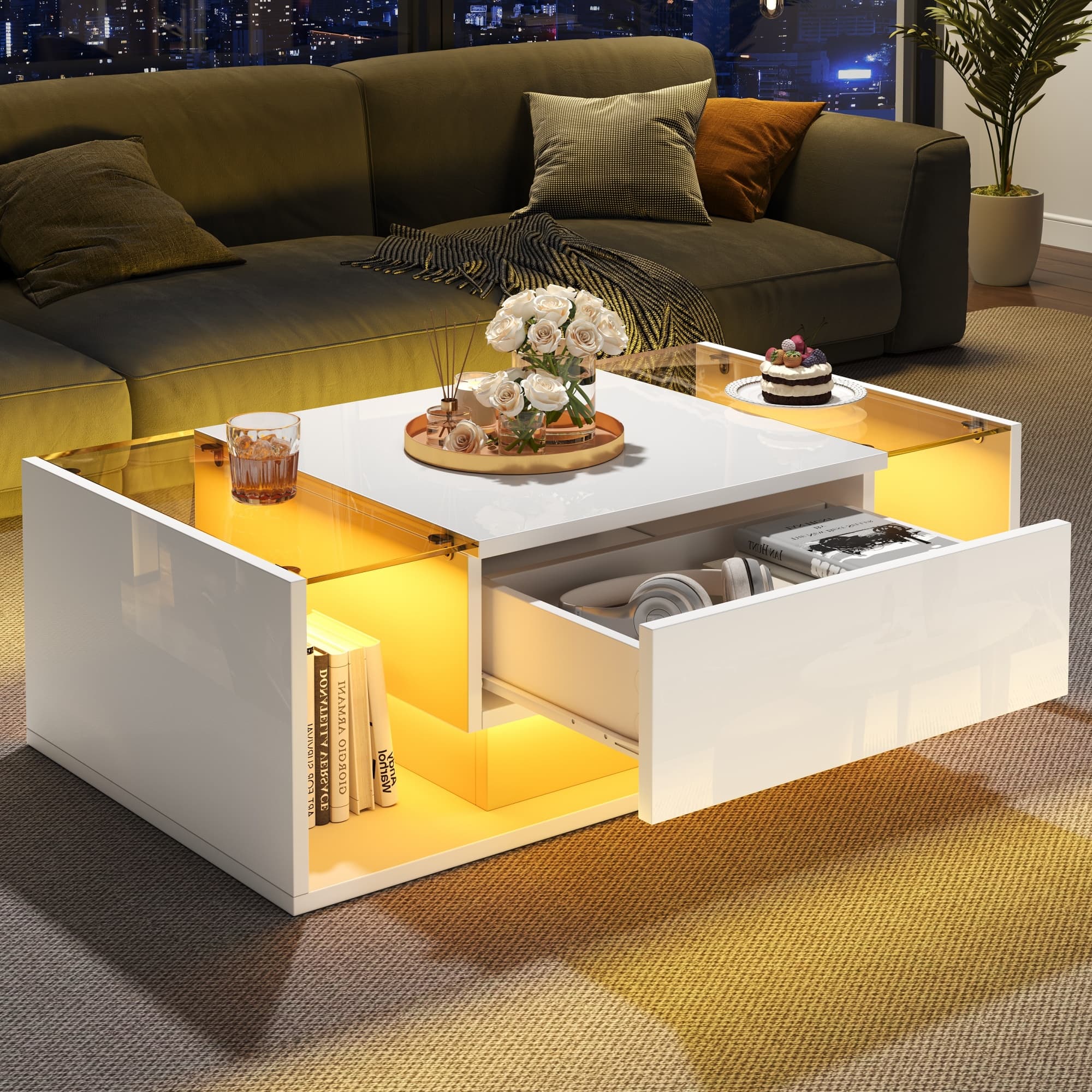Modern High Gloss White Coffee Table with App-Controlled LEDs - image 5