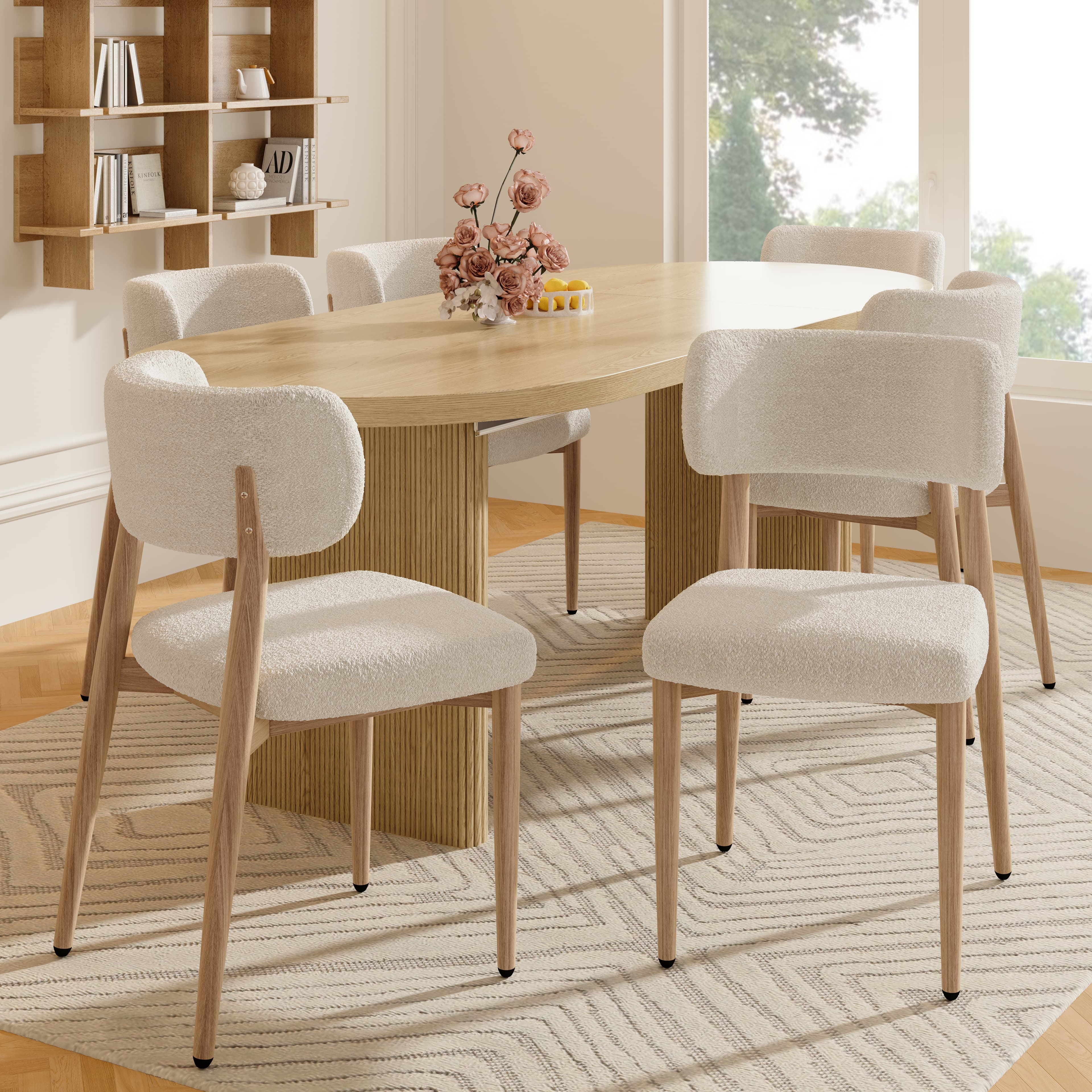 Pair of Upholstered Boucle Dining Chairs with Wood-Effect Legs - image 2