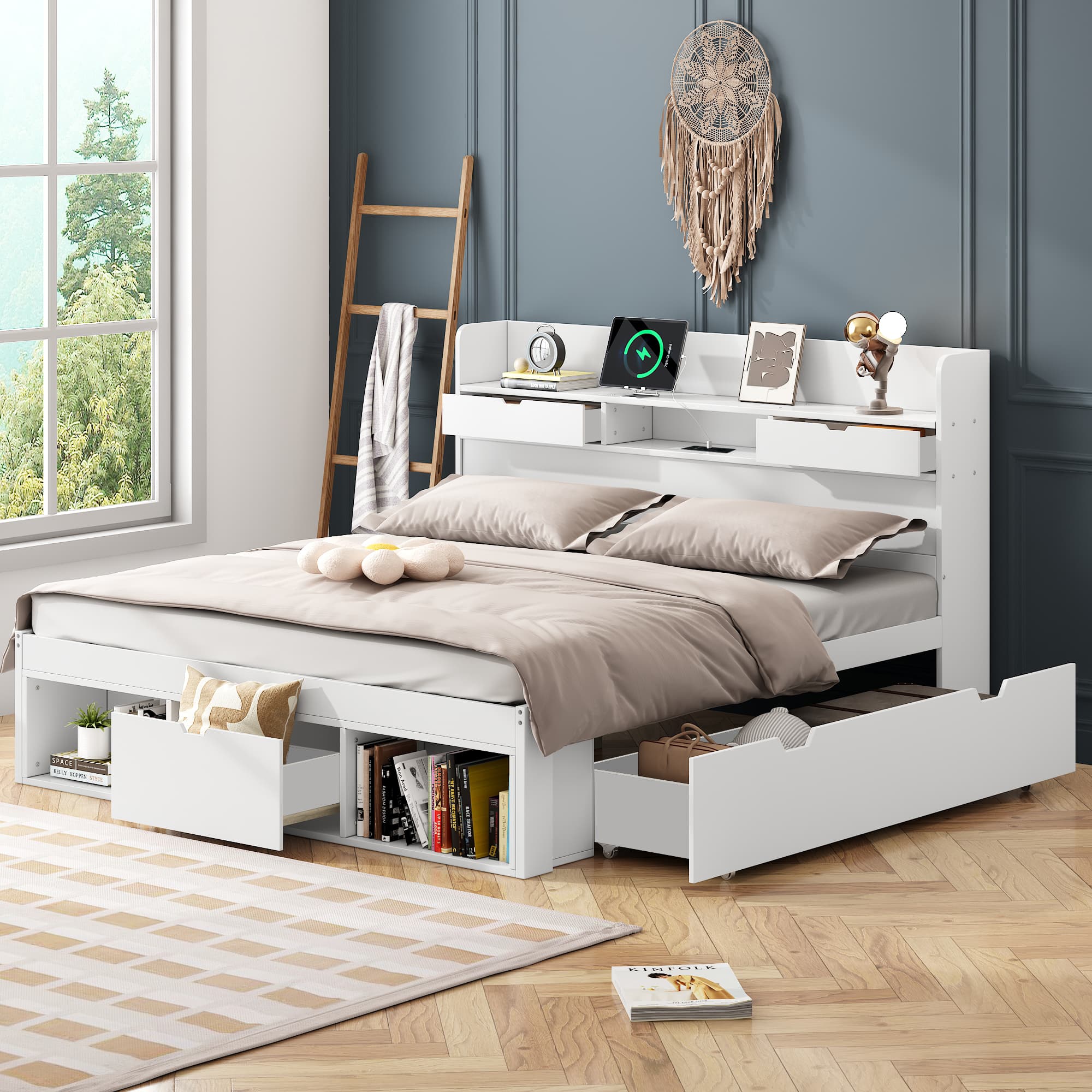 Functional Double Bed with Drawers, Shelves and USB Charging - image 2