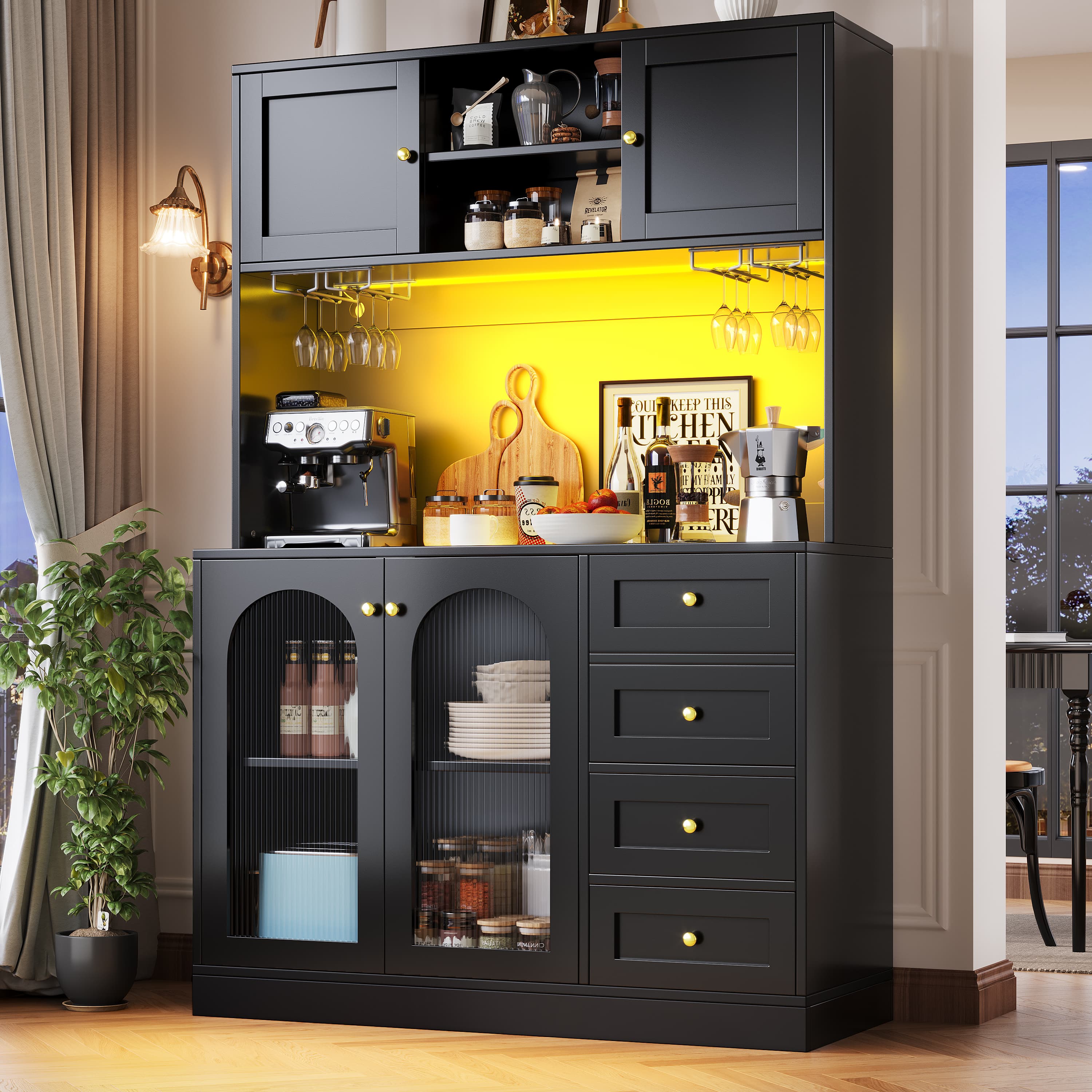 Black Display Cabinet with LED Lighting, Glass Doors & Drink Holders - image 1