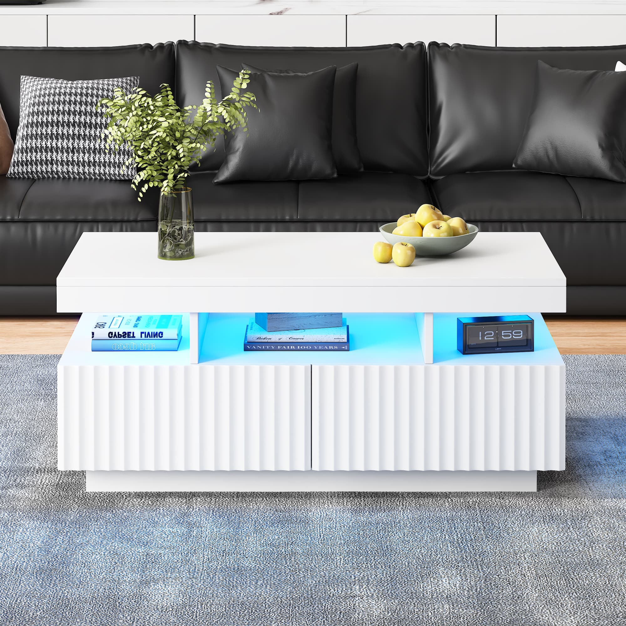 White Coffee Table with Ambient LED Lighting and Storage - White