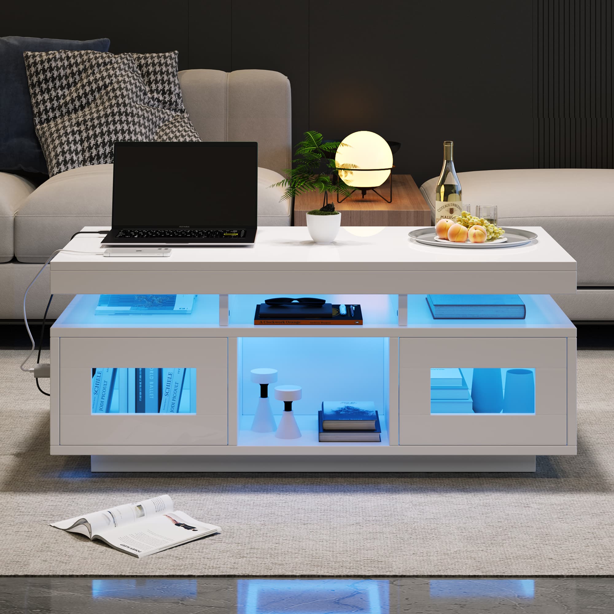 Modern High Gloss Coffee Table with App-Controlled LED Lighting & Sockets - image 2