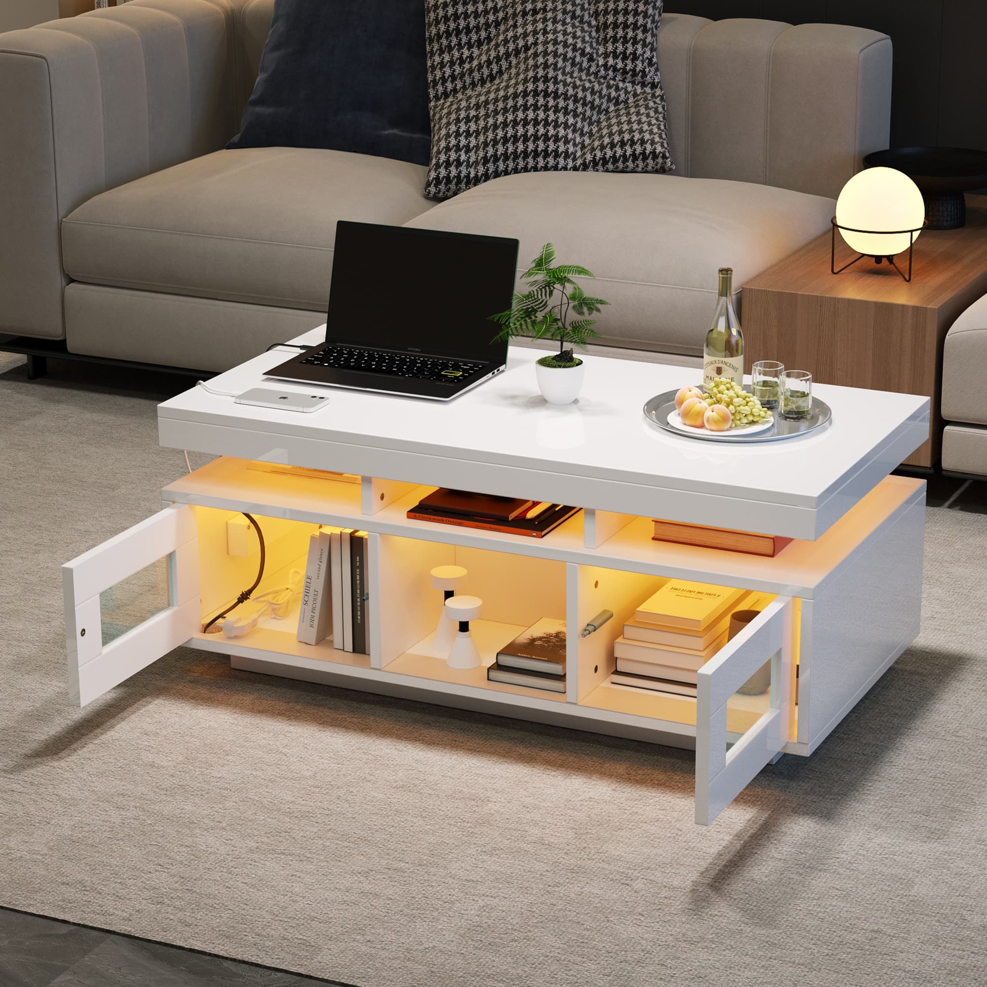 Modern High Gloss Coffee Table with App-Controlled LED Lighting & Sockets
