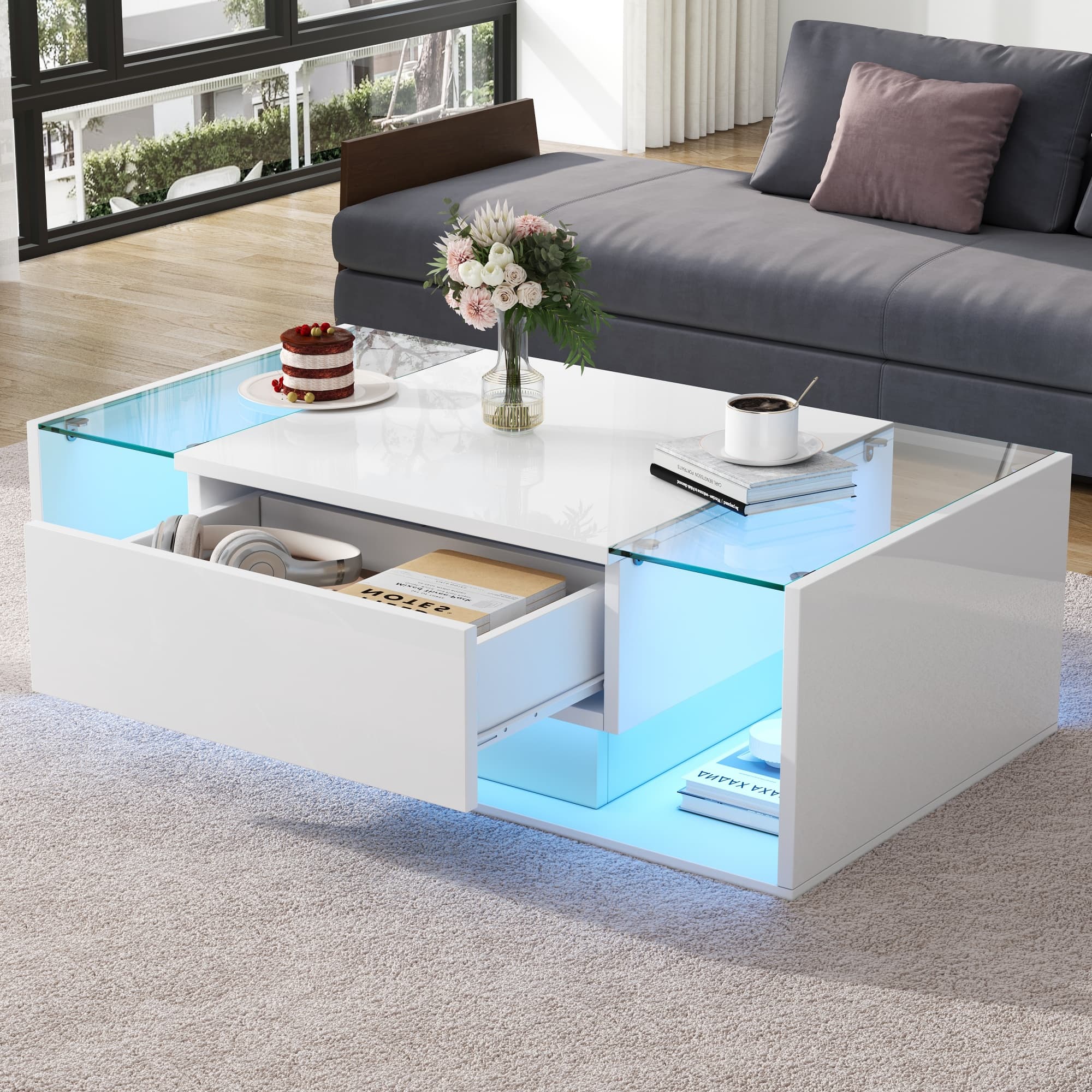 Modern High Gloss White Coffee Table with App-Controlled LEDs - image 1