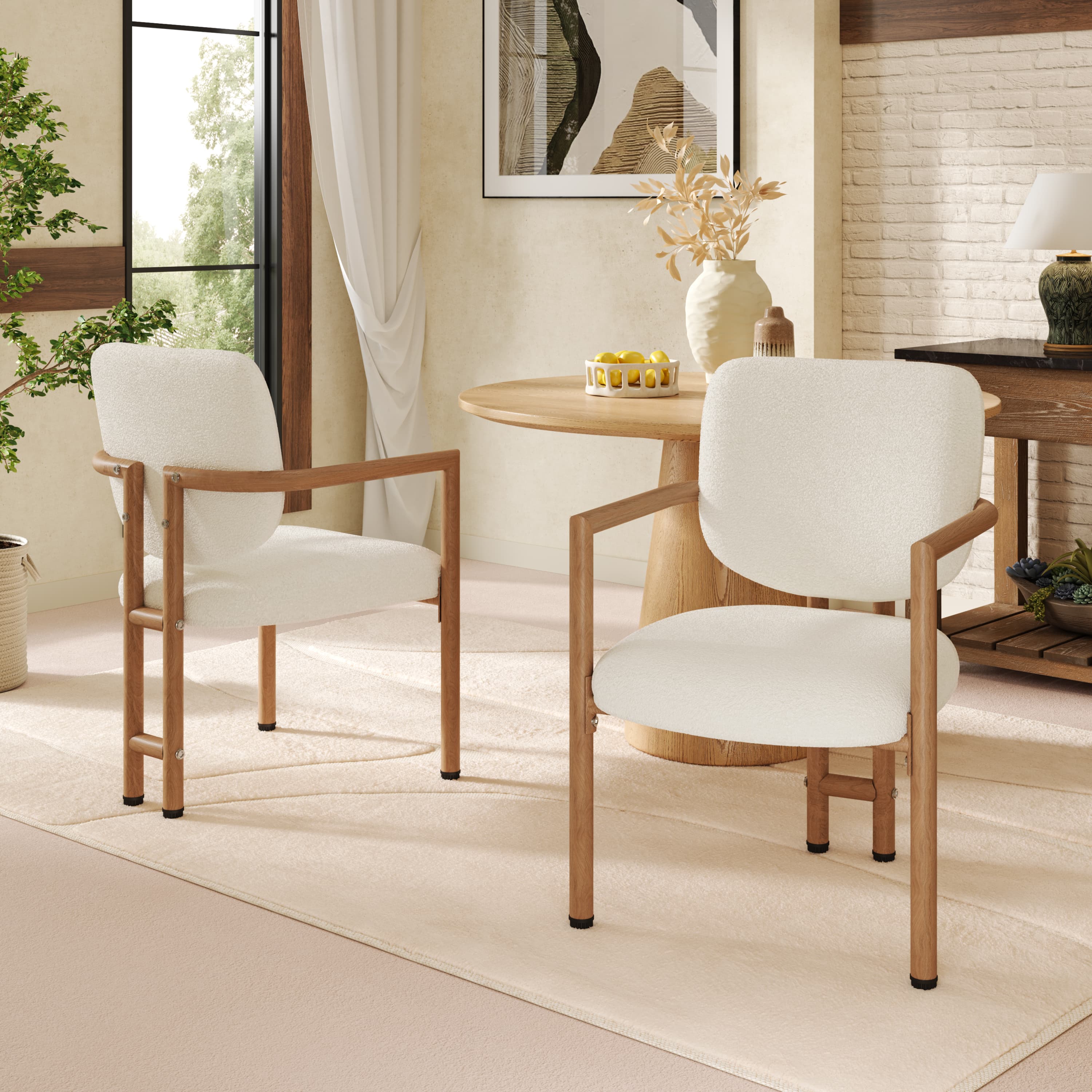 Pair of Upholstered Bouclé Dining Chairs, Beige - Natural