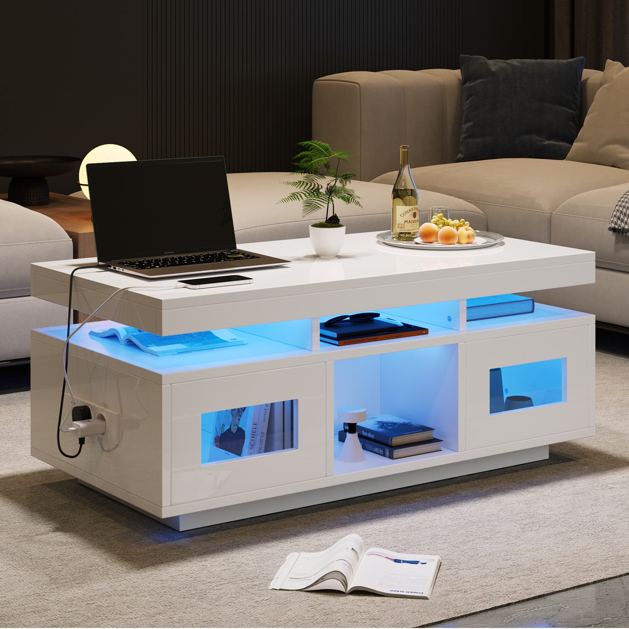 Modern High Gloss Coffee Table with App-Controlled LED Lighting & Sockets - image 1