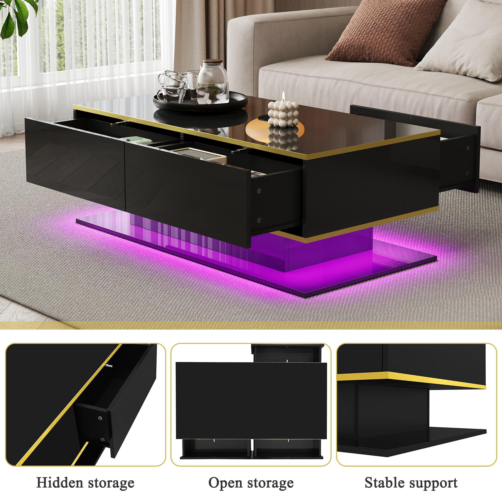 High Gloss LED Coffee Table in Black with Gold Accents and Storage - image 4