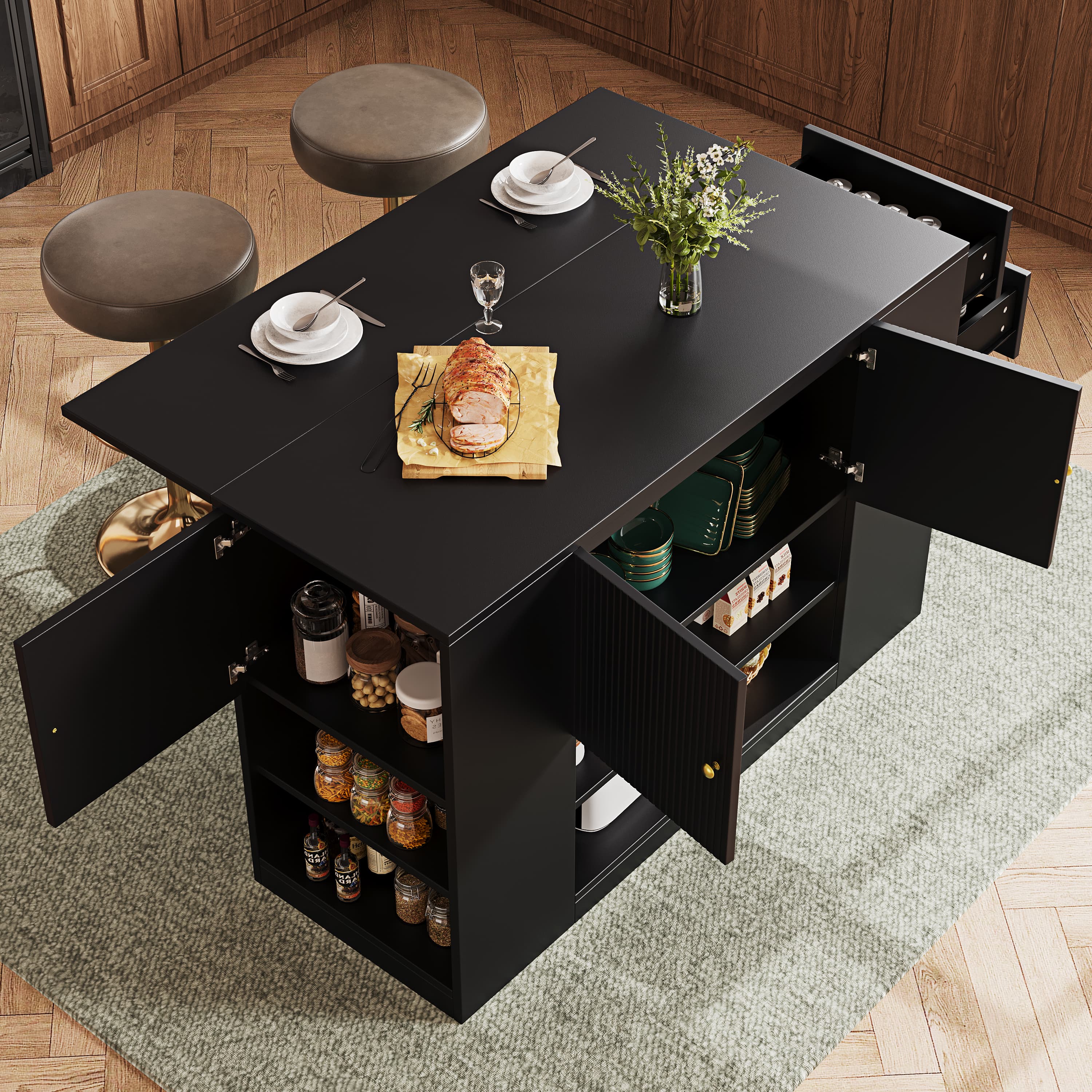 Multifunctional Black Kitchen Island with Extendable Dining Table - image 2