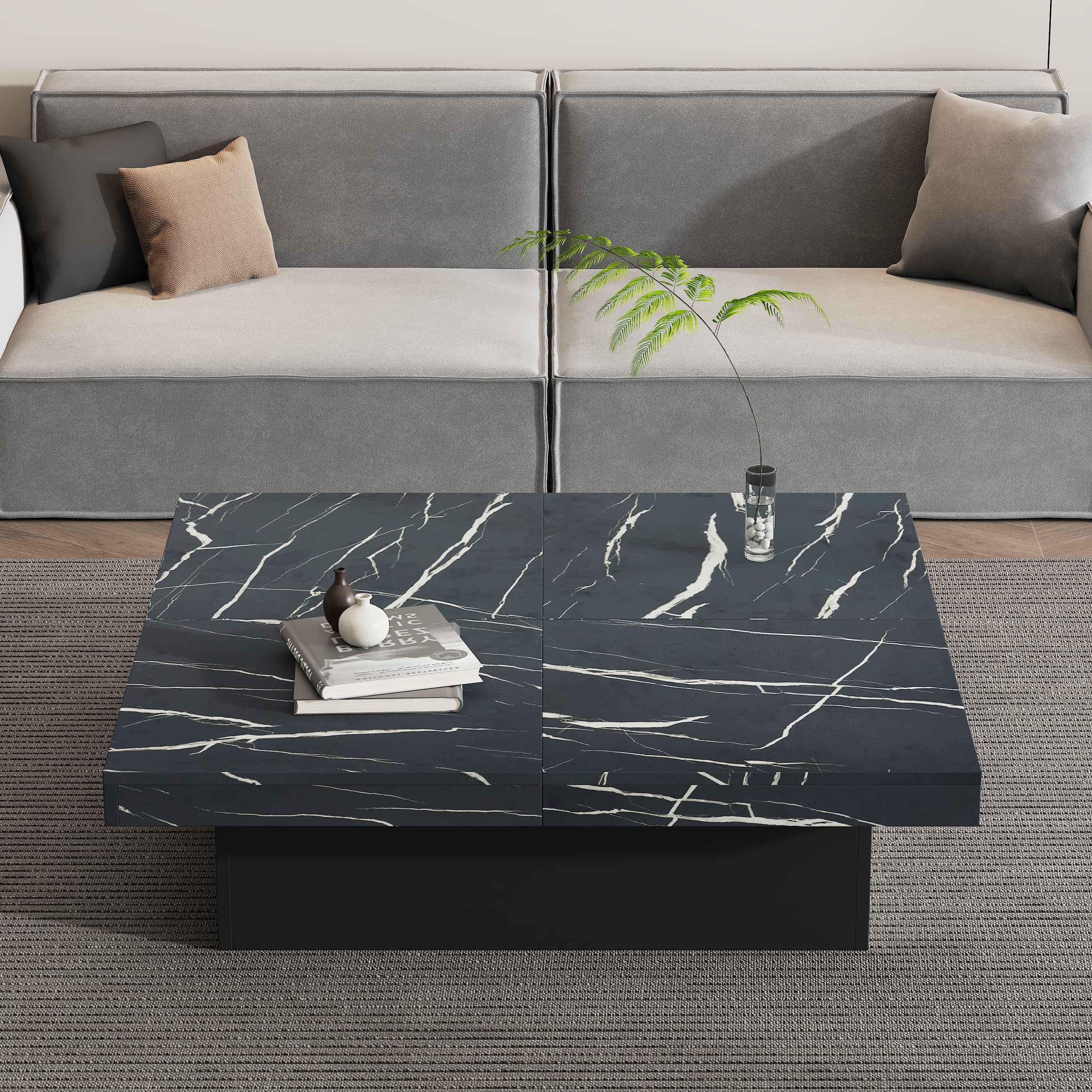 Modern Square Coffee Table with Faux Marble Top and Hidden Storage - image 5