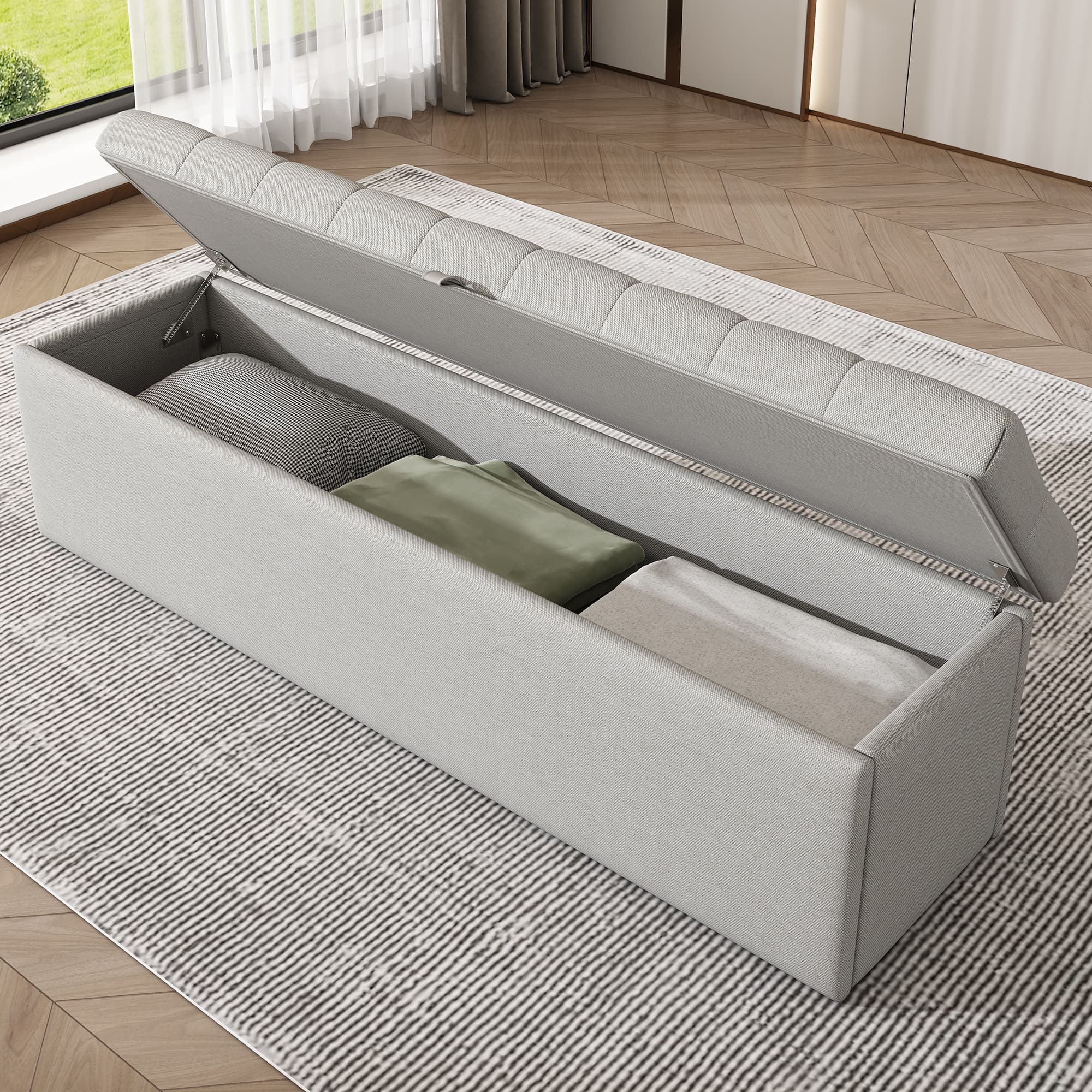 Linen Ottoman Storage Bench, Light Grey