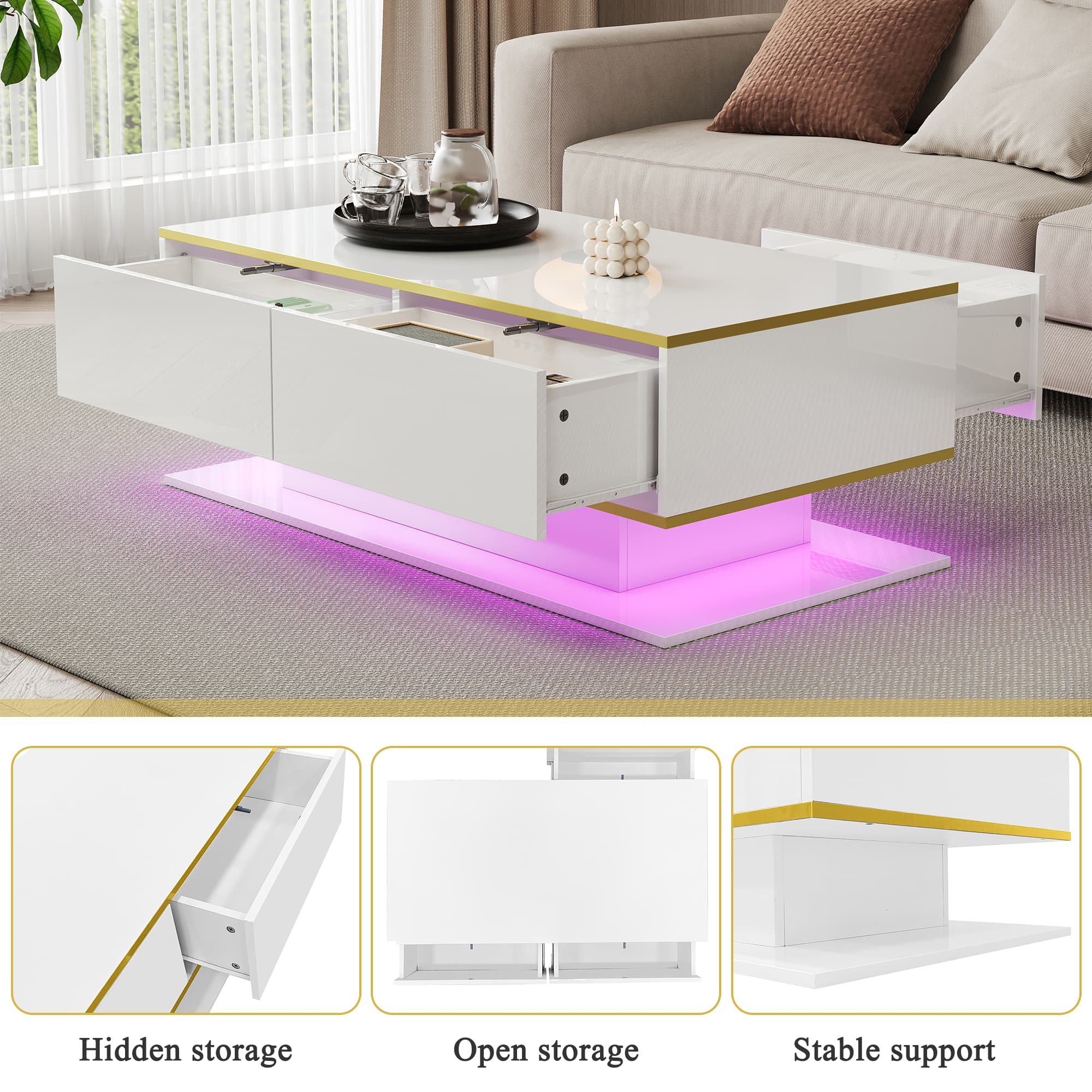 High Gloss LED Coffee Table with Gold Accents & Storage - image 5