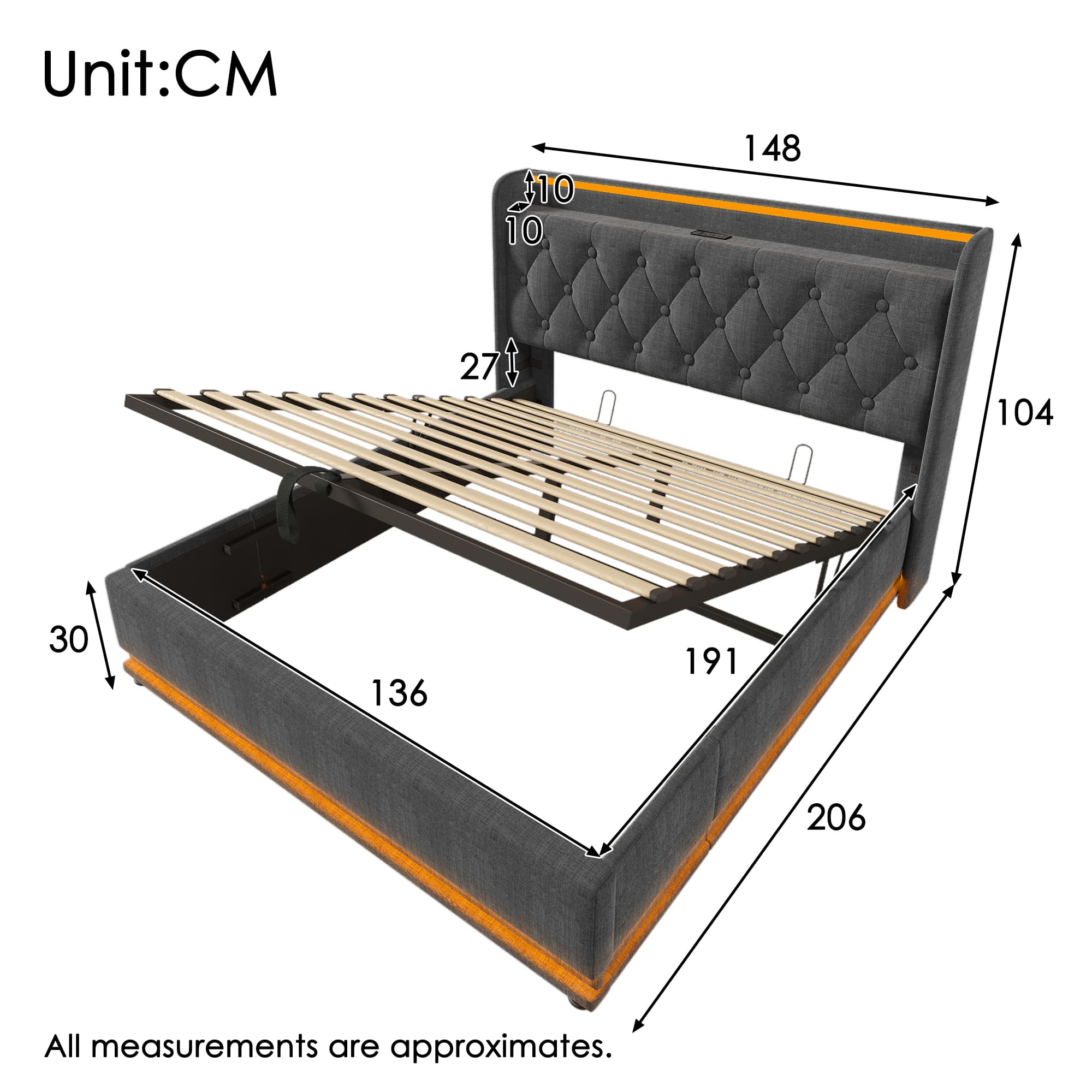 Upholstered Double Ottoman Bed with 360° LED Lights & Under-Bed Storage - image 1