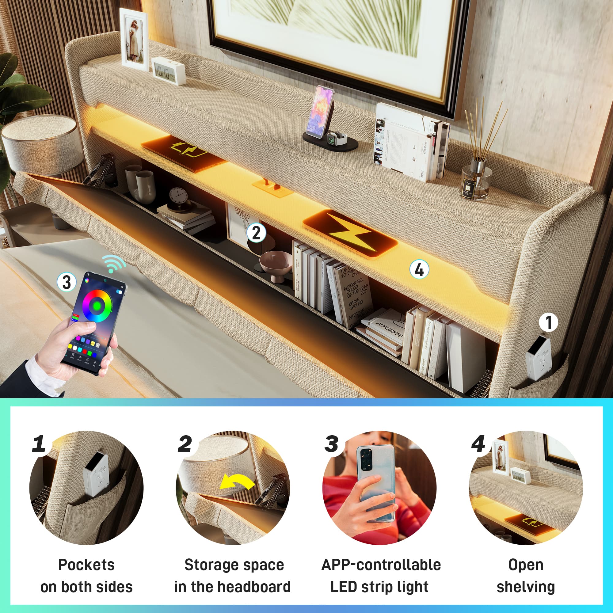 King Size Upholstered Ottoman Bed (150x200cm) with LED Lighting and USB Charging - image 3