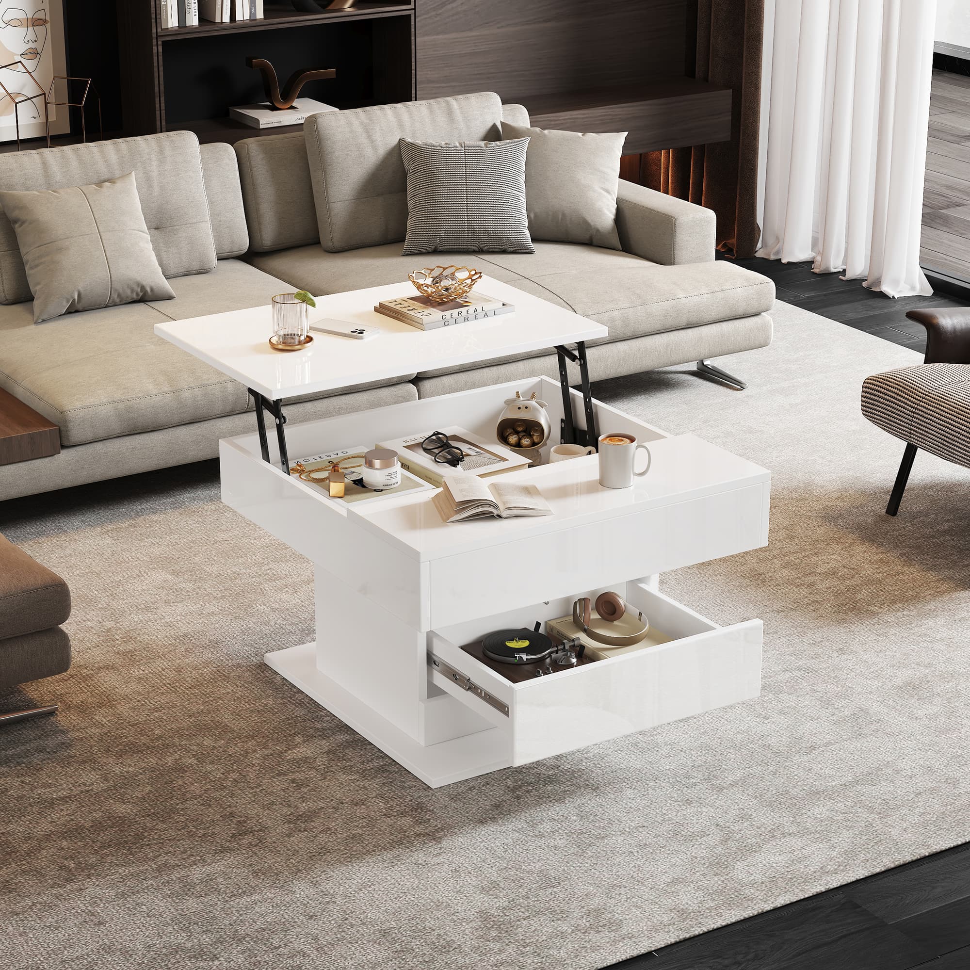 Modern 360° Rotating & Lift-Top Coffee Table, White Gloss - image 1