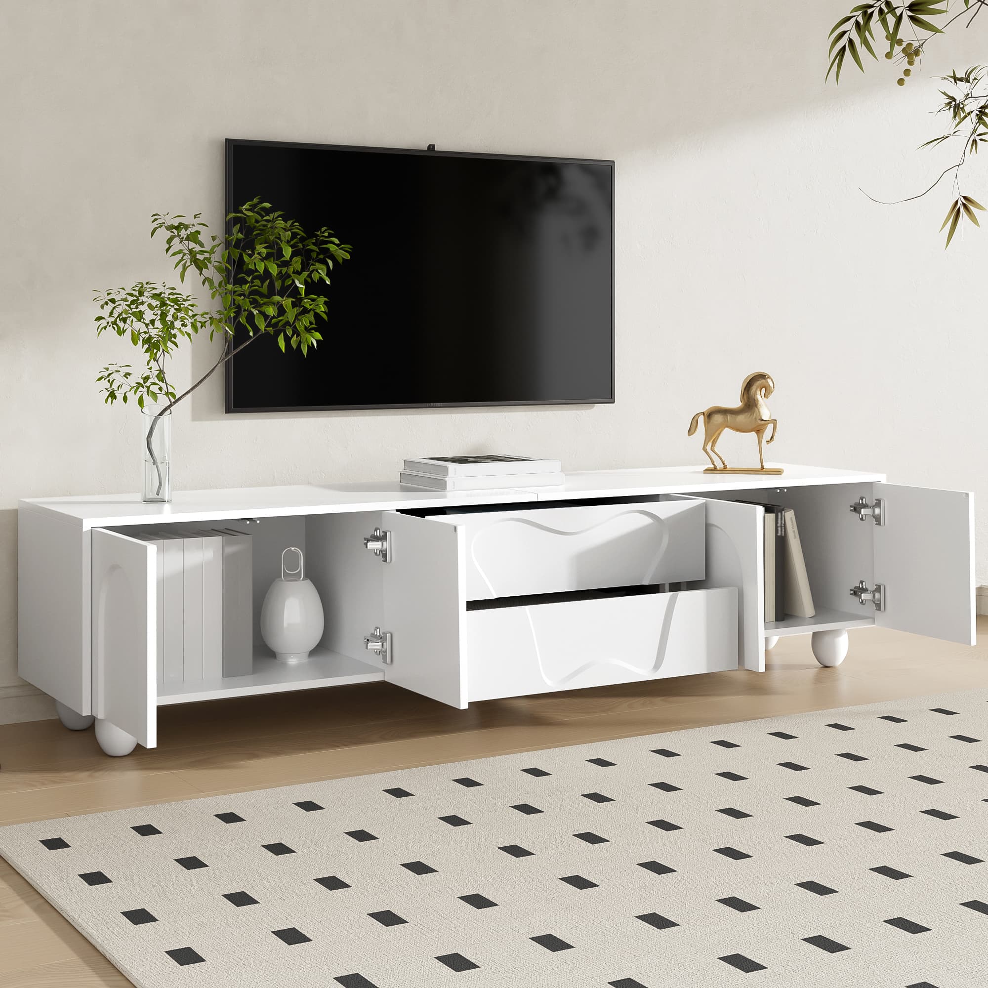 180cm White and Wood TV Stand with Storage - image 3