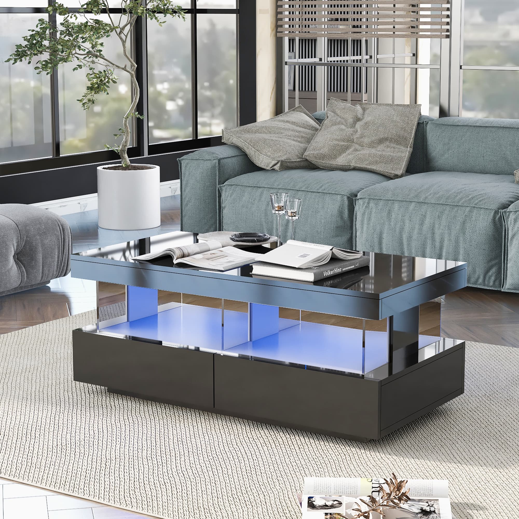 Modern High Gloss Black Coffee Table with LED Lighting and Storage - image 1