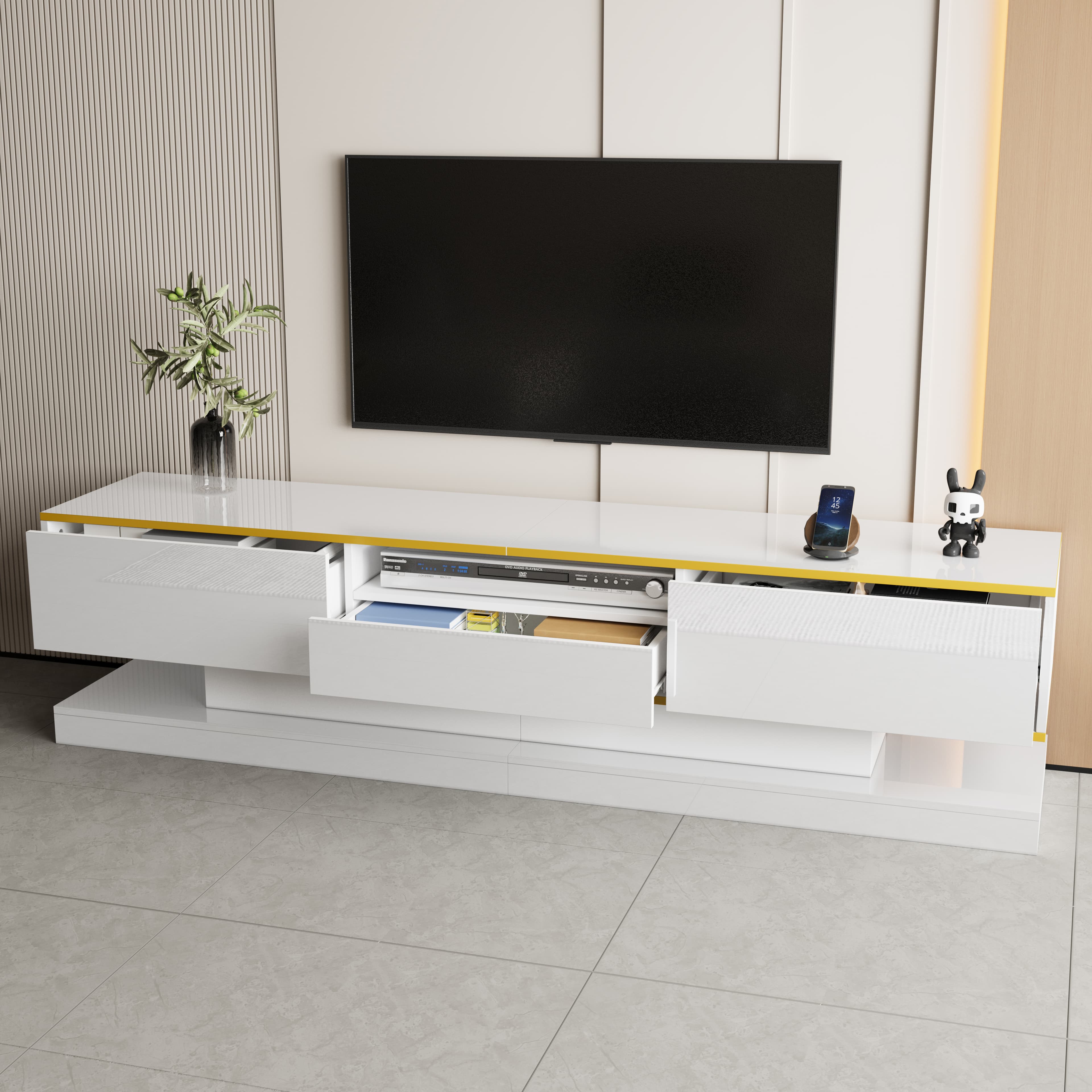 White High Gloss TV Unit with Colour-Changing LEDs & Gold Trim - White