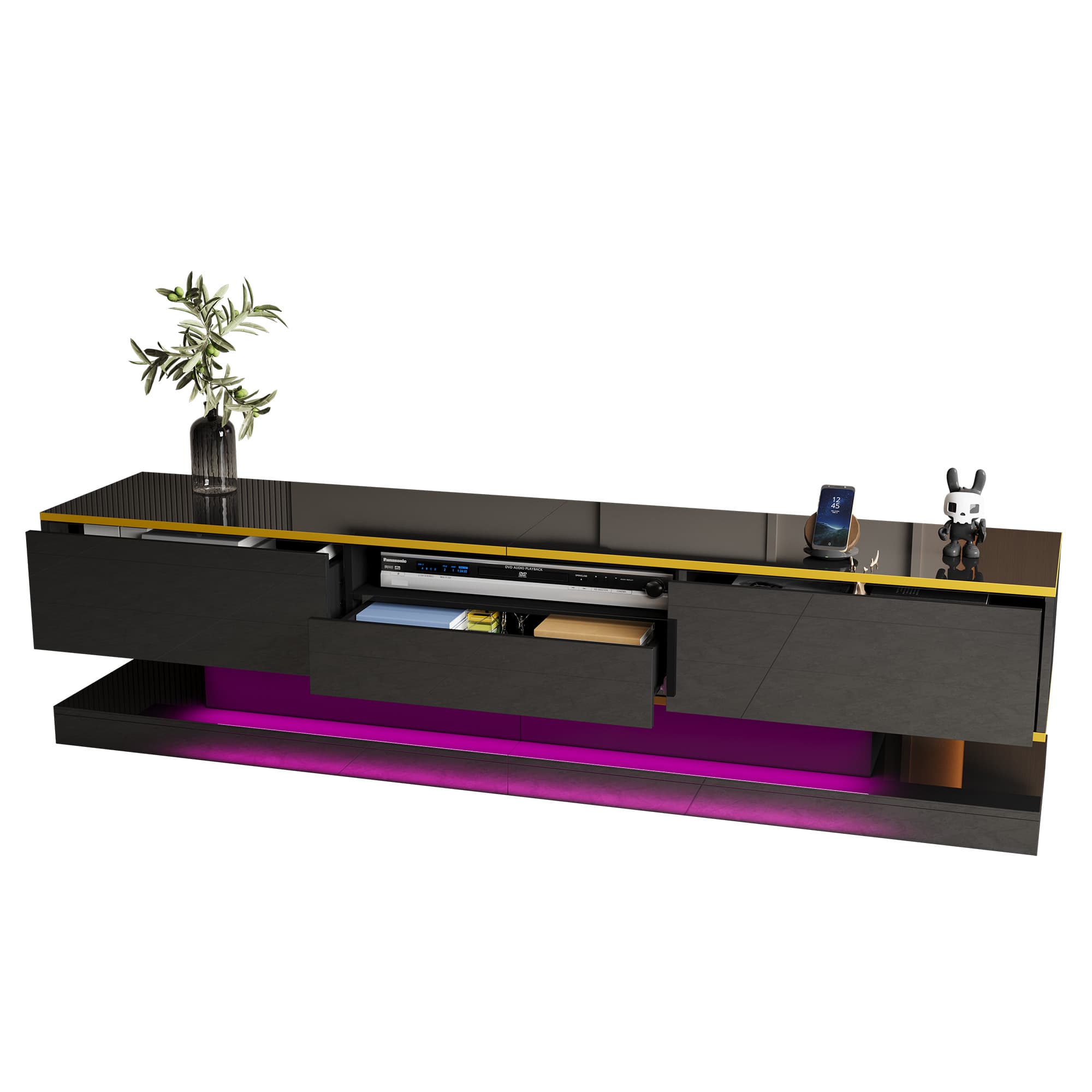 Black High Gloss TV Unit with Colour-Changing LEDs & 3 Drawers - image 1