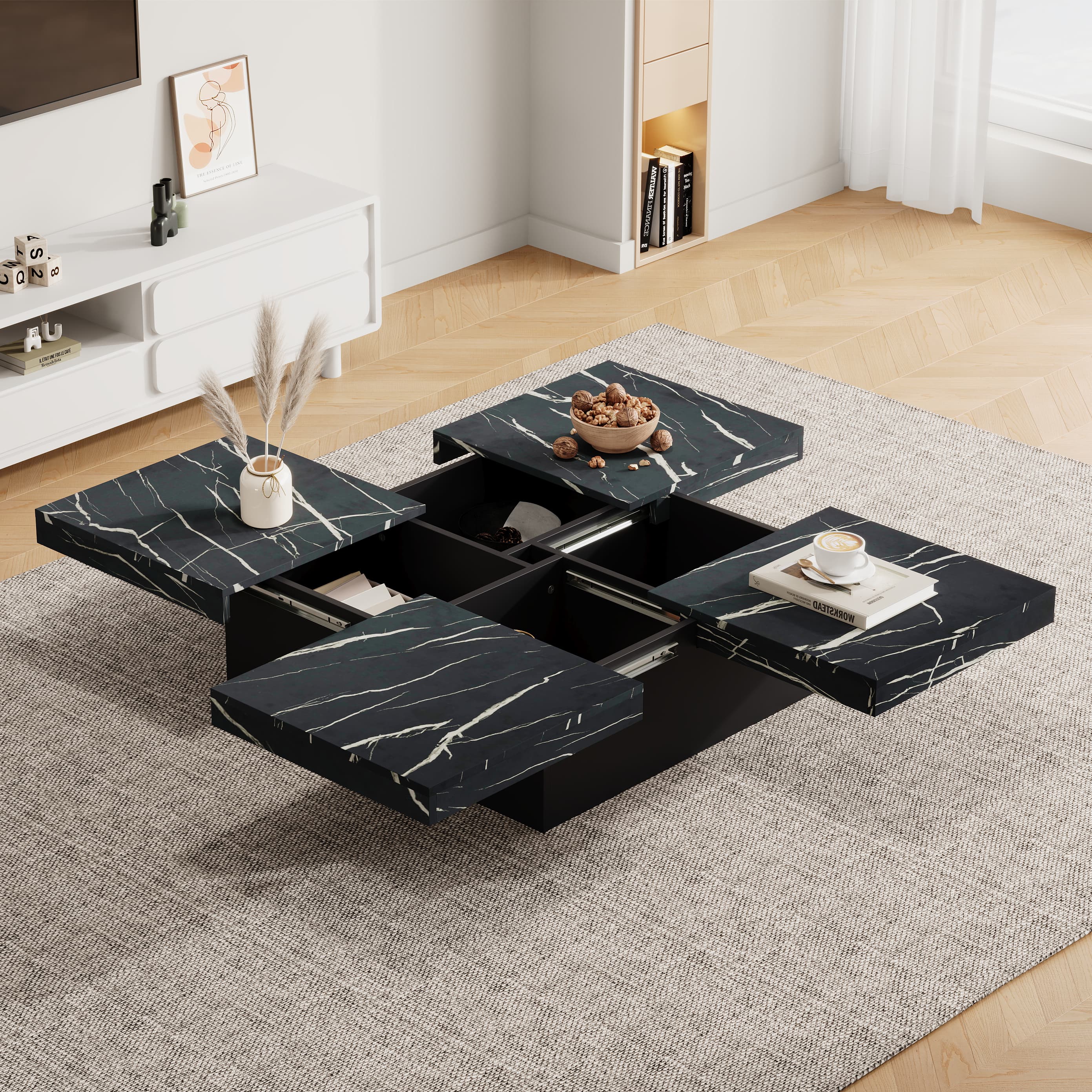 Modern Square Coffee Table with Faux Marble Top and Hidden Storage